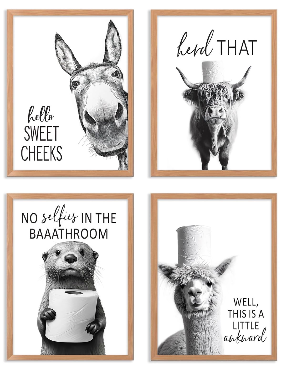 Funny Bathroom Wall Art Black and White Bathroom Signs Decor Rustic Donkey Cow Pictures Wall Decor Funny Animals Head on Tissue Paper Canvas Art Prints for Toliet Bedroom,Unframed,8x10inchx4pcs