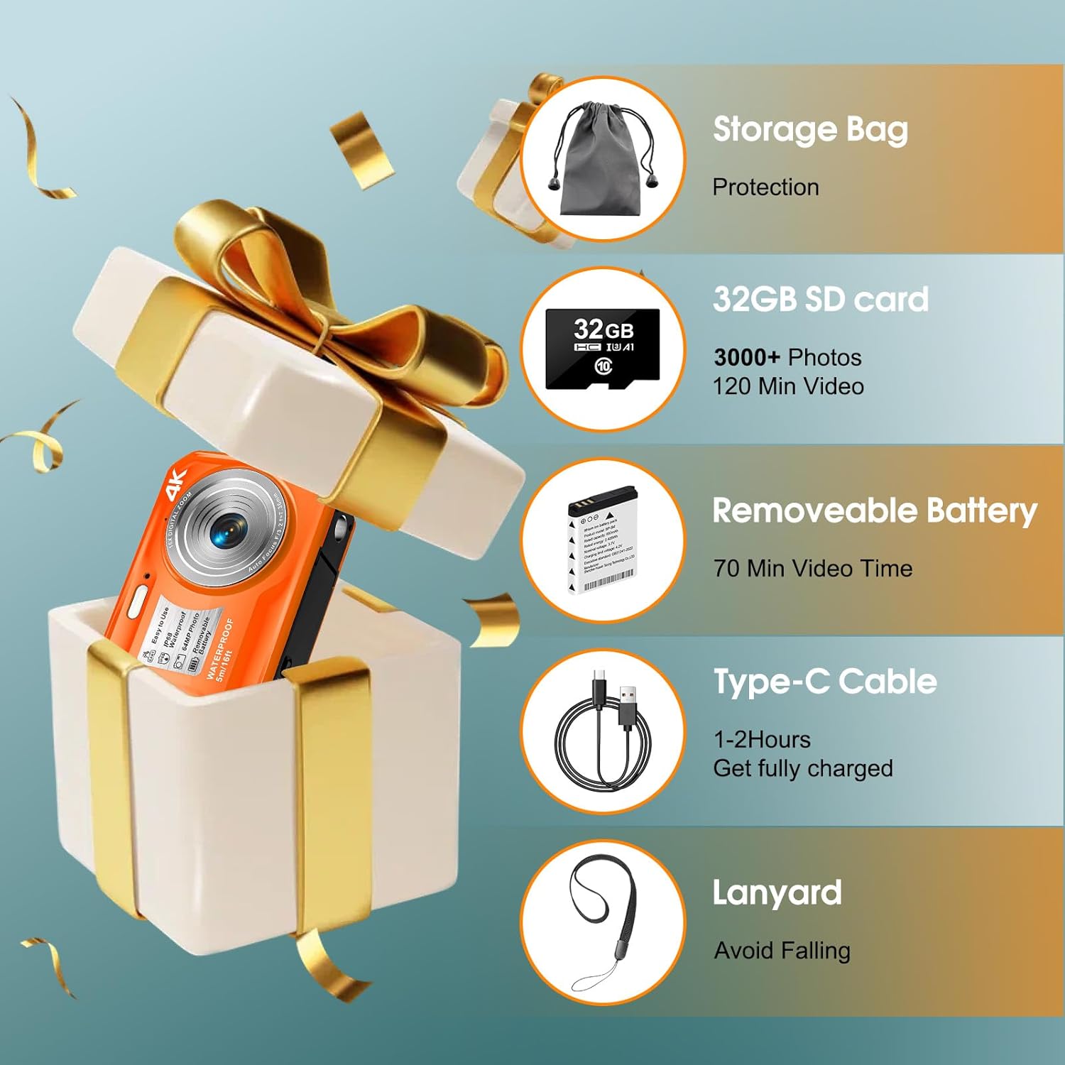 4K Underwater Camera, 64MP 16FT Waterproof Digital Camera with 32GB Card, Autofocus Floatable Waterproof Camera with IPS HD Screen, 16X Digital Zoom, Fill Light, for Snorkeling, Surfing, Orange