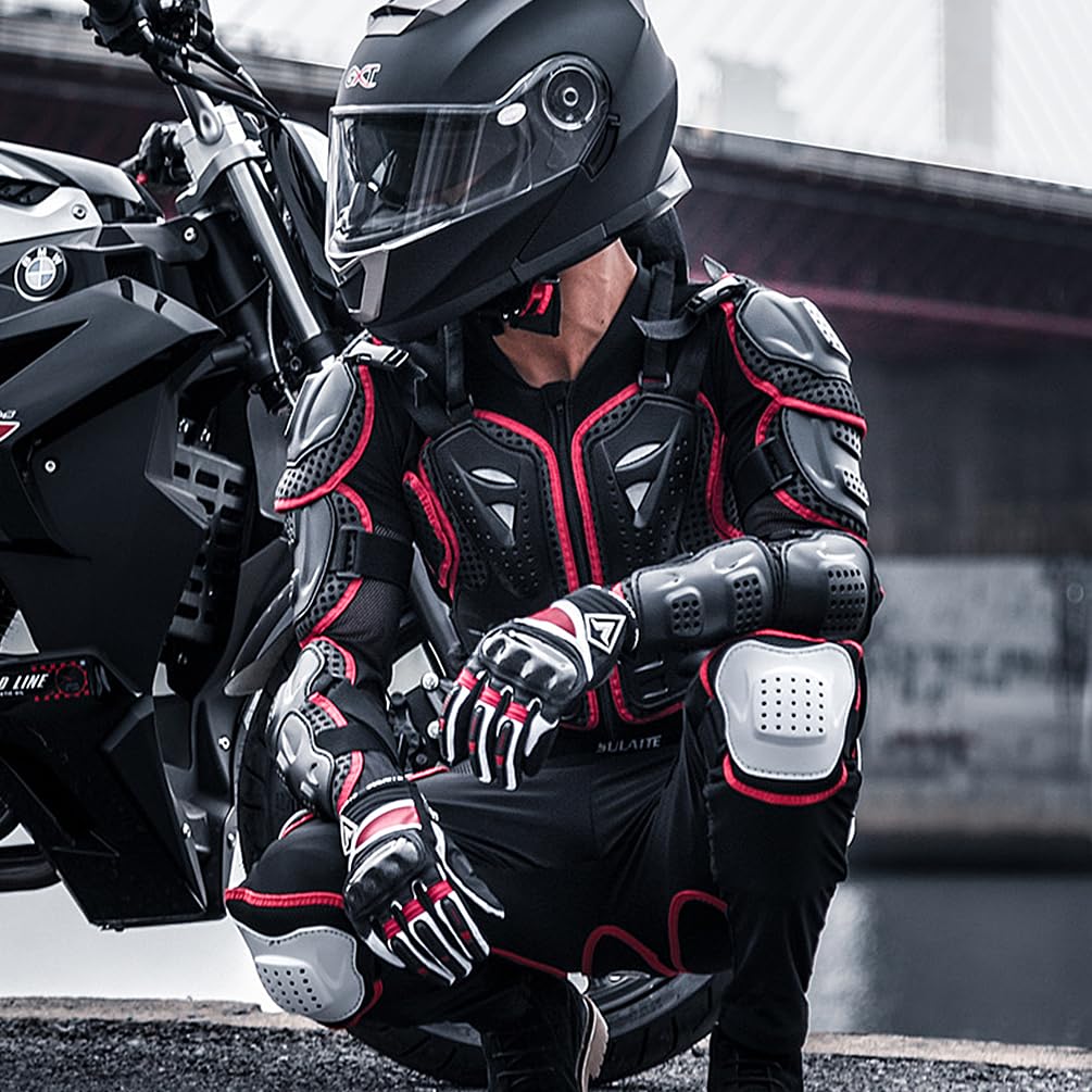 Cuerpo de Motocross con Almohadilla Transpirable Piezas de Protección de Moto Rodillera Equipo de Protección Armadura de Motocicleta (Set 2-Rojo,XL)