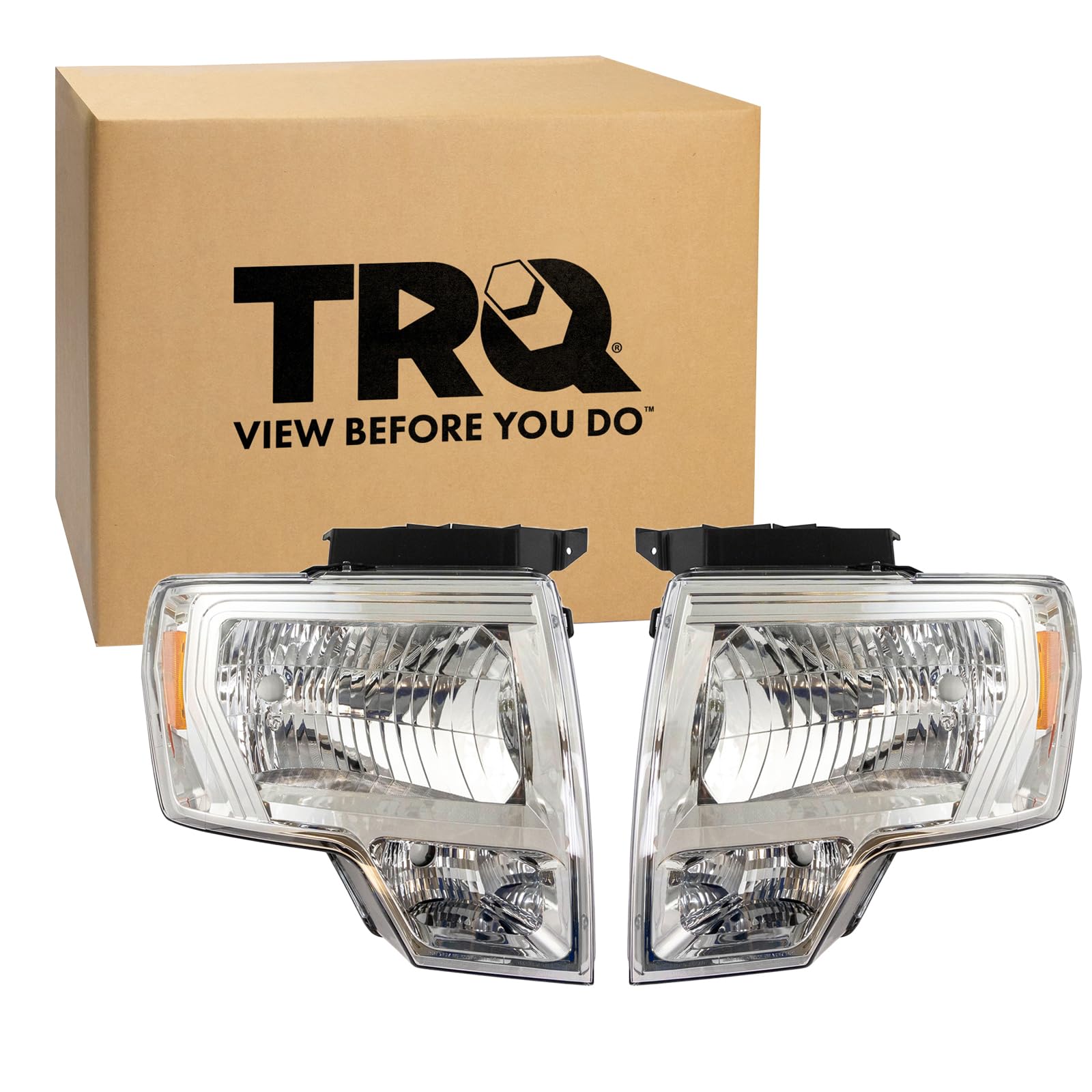 TRQ 2 Piece Headlight Assembly Set Halogen Chrome Bezel Driver &amp; Passenger Side Compatible with 2009-2014 Ford F-150 FO2502287 FO2503287