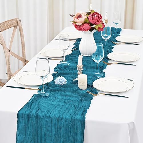 Miniatura 5 de Paquete de 12 caminos de mesa color verde azulado, camino de mesa de estopilla, camino de mesa romántico transparente, camino de mesa bohemio de