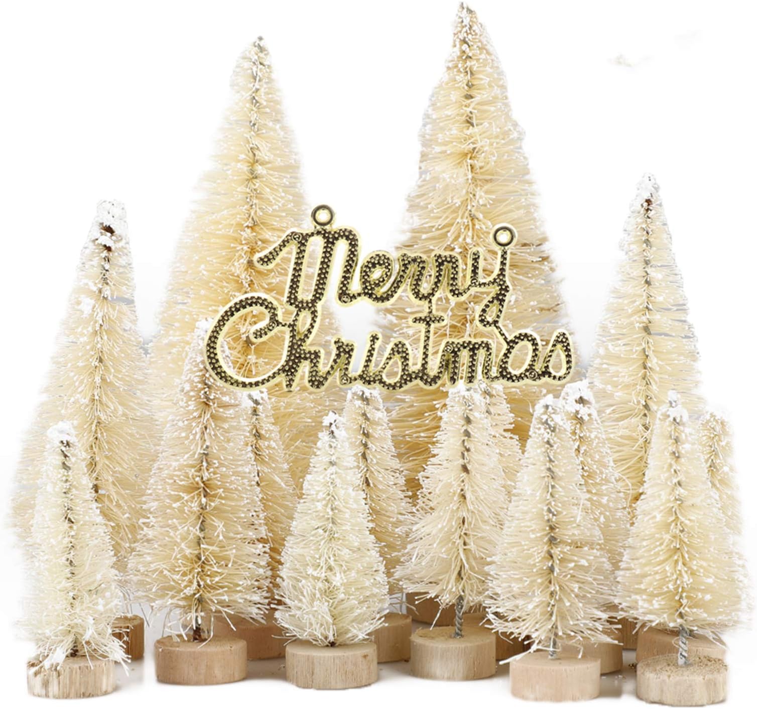 Nuxn49pcs White Artificial Mini Christmas Tree Set Miniture Pine Trees Sisal Trees Snow Frost Ornaments with Wooden Bases Plastic Bottle Brush Trees Tabletop Trees for Crafts DIY