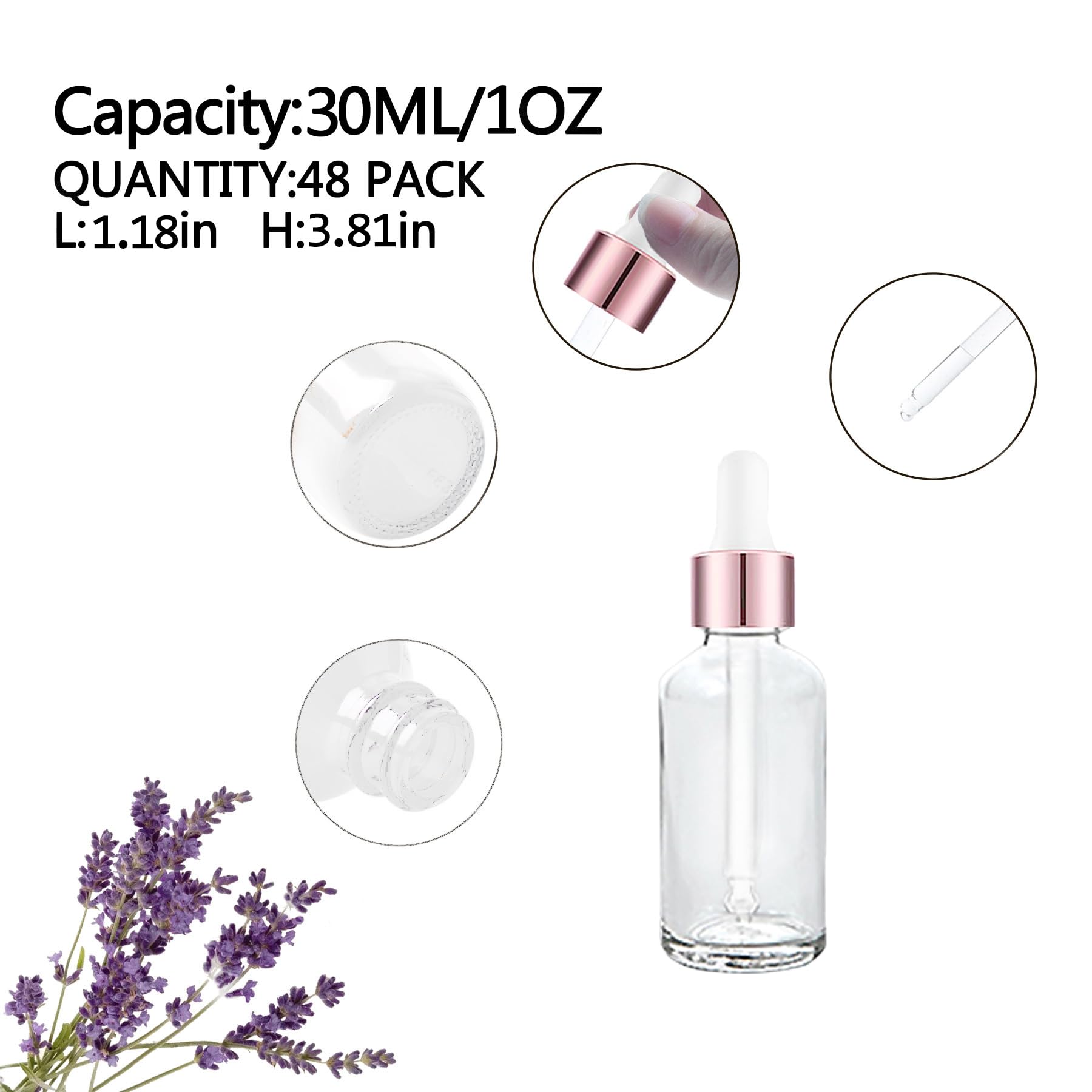 Tropfflaschen aus klarem Glas, mit Pipetten für ätherische Öle, Parfums (30 ml, Roségold), 48 Stück
