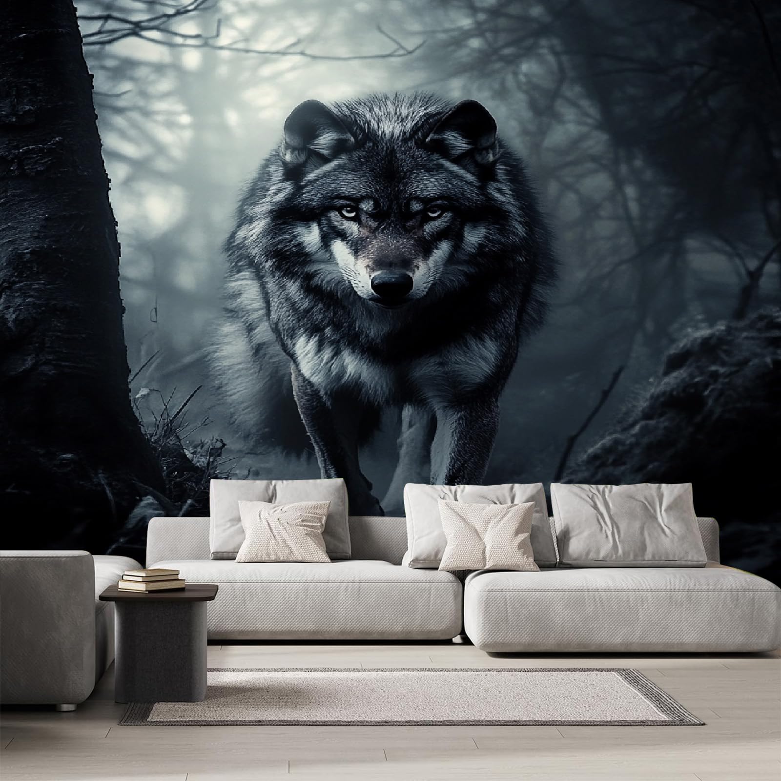 Papier peint loup 3D pour transformer un mur blanc triste en salon