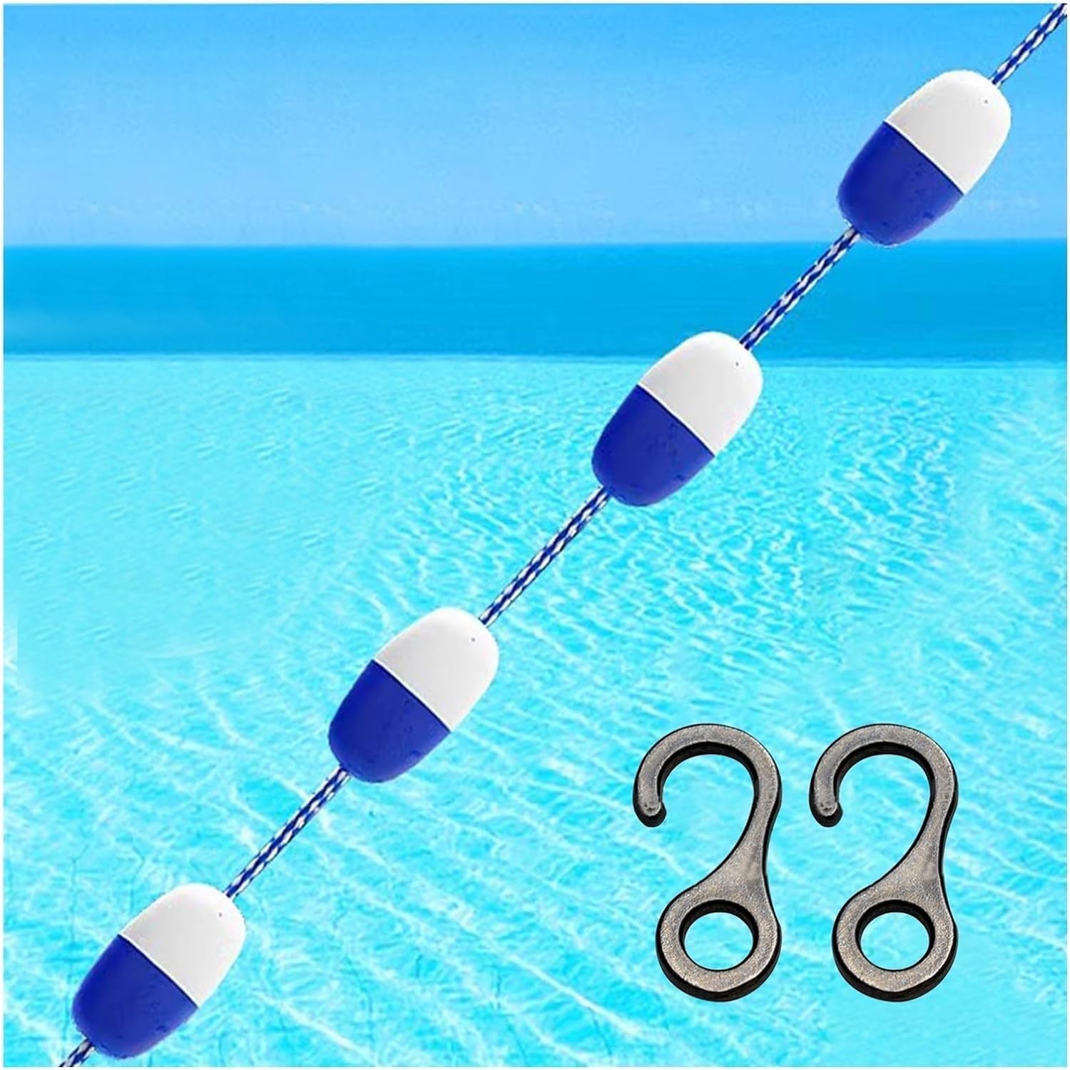 Corda Galleggiante di Sicurezza per Piscina, divisorio per corsia Regolabile in Lunghezza, con Ganci per Piscine interrate, barriera divisoria per Zona Bassa e Profonda (Blu, Lunghezza 8 m).