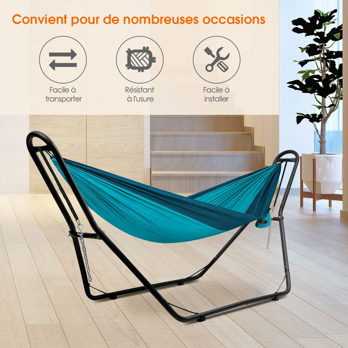 GOPLUS Support de Hamac, Lit Suspendu Robuste, Matériau en Métal d’Acier de Haute Qualité avec 2 Chaînes et Crochets en Forme de S, 276 x 97 x 122CM, Capacité de 200KG, pour Jardin et Camping