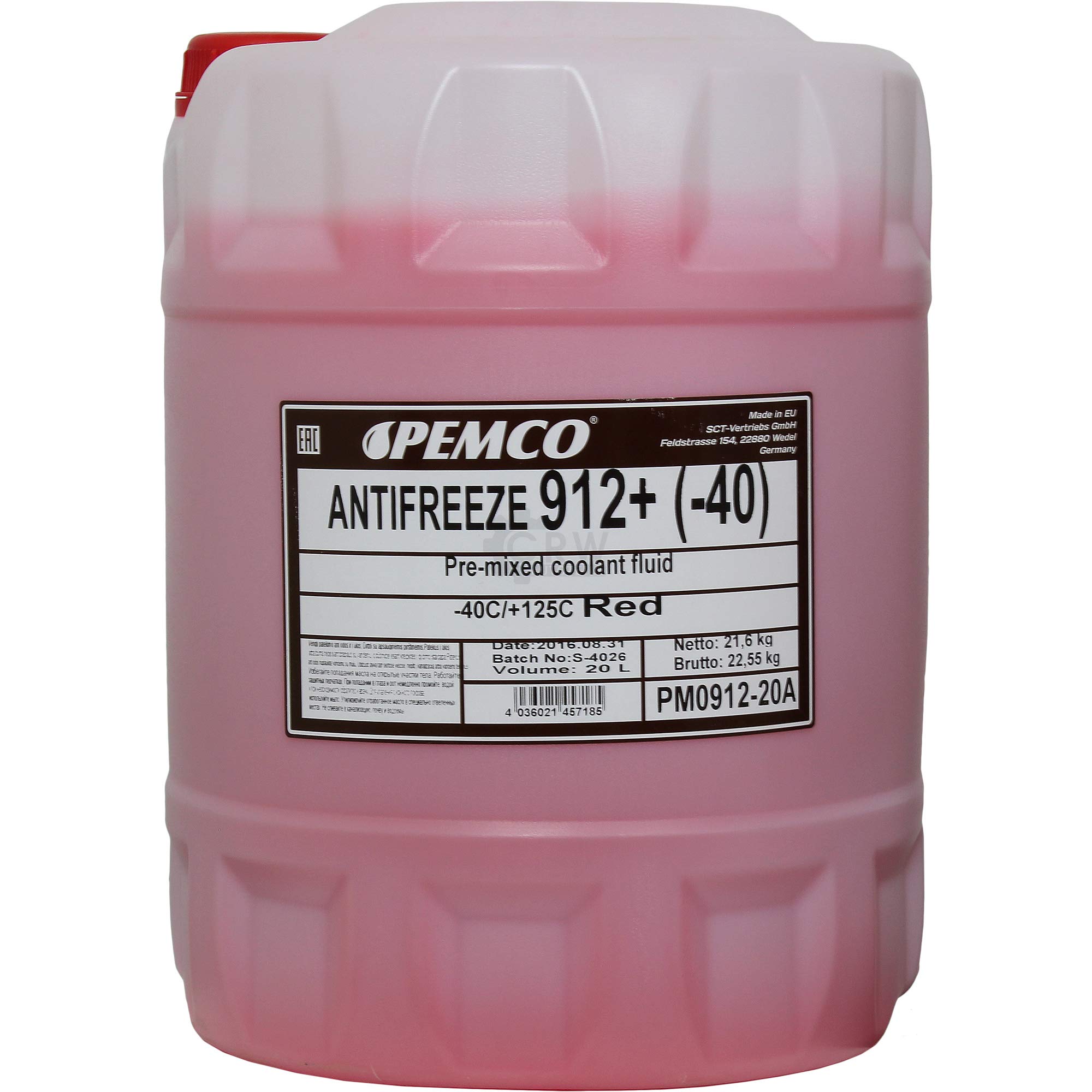 4x 20 Liter PEMCO Kühlerfrostschutz Antifreeze 912+ (-40) rot red + Auslaufhahn G12+
