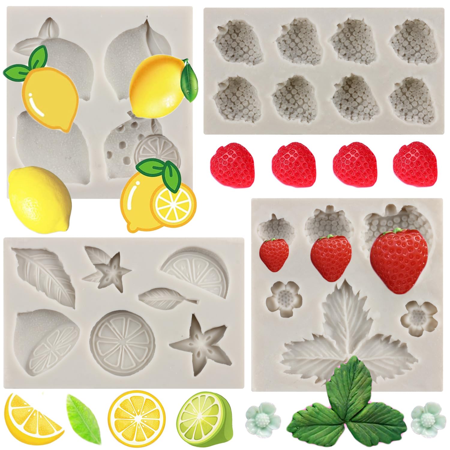 MYPRACS Lemon Fondant Moulds Strawberry Silicone Mould Summer Fruit Flower Candy Chocolate Mould Lemon Slices Resin Mould for Cake Decorating Cupcake Topper Gum Paste Polymer Clay Set of 4