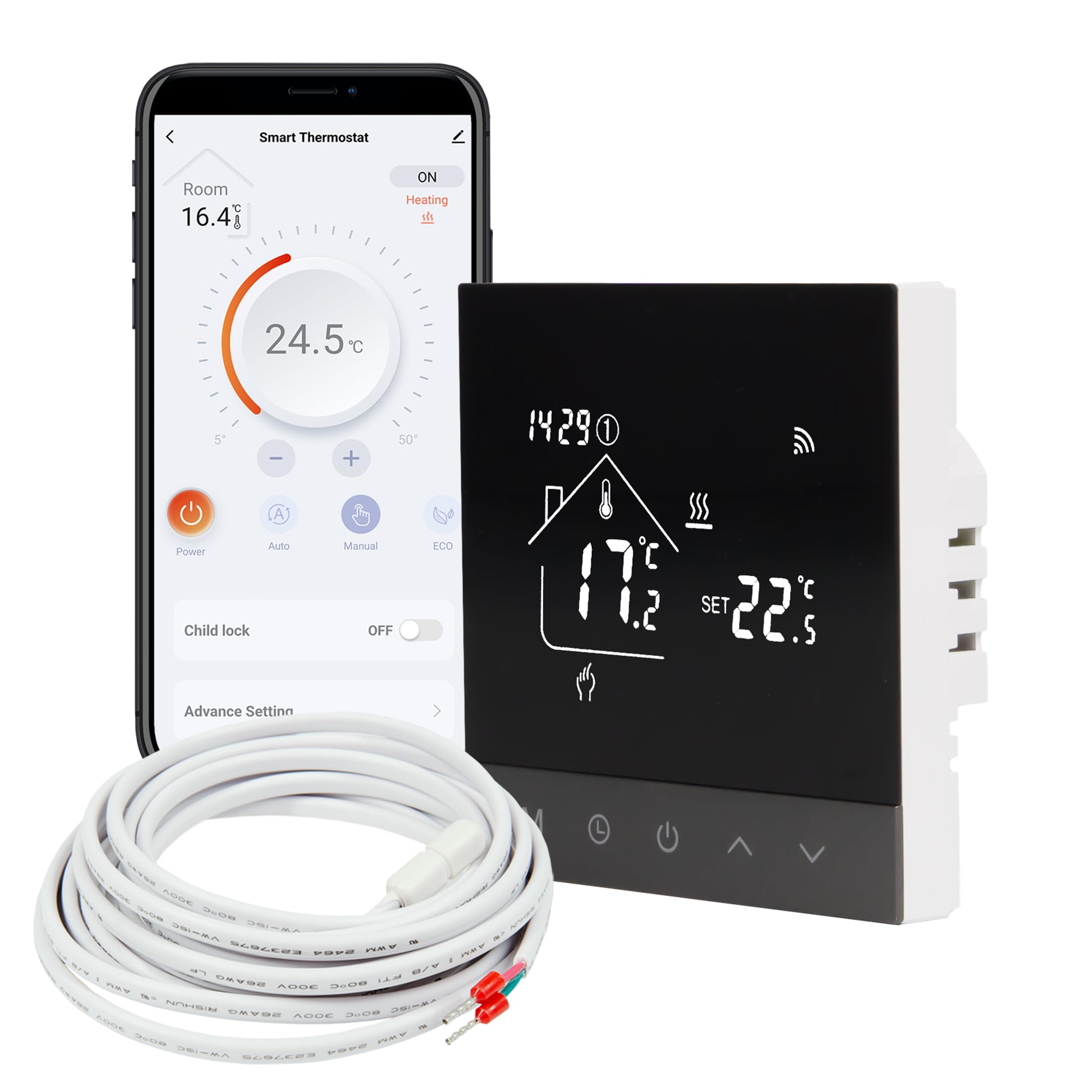 TH215 - Termostato WiFi con app Tuya Smart – per riscaldamento elettrico a pavimento, attuatori NC/NO, funzione di riscaldamento e raffreddamento, funzionamento touch, controllo vocale con Alexa e