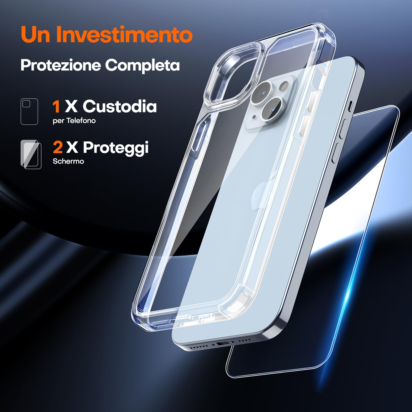 TAURI Cover per iPhone 15, [3 in 1] 1 Custodia[Senza Ingiallimento] con 2 Pellicole Vetro Temperato, [Protezione Antiurto Militare] Sottile Antishock, Anticaduta- Trasparente