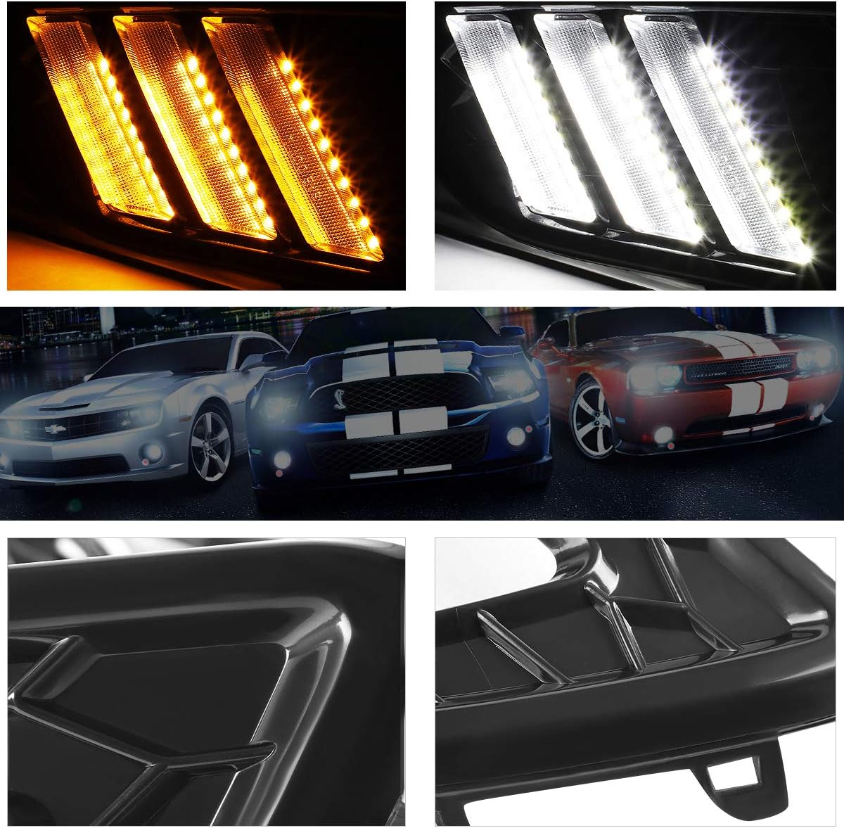 Amber Lens Bumper Fog Light/Lamp+Black LED DRL Bezel Pair Compatible with Ford Focus 15-17