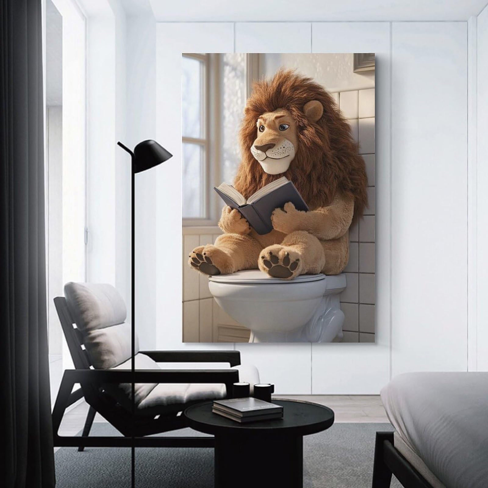 Junmoney Lion Reading Book on Toilet Home Decor Wall Art, 24x36inch(60x90cm), for Apartments, Flats Or New Home Decor, An Easy Choice for New Home Styling