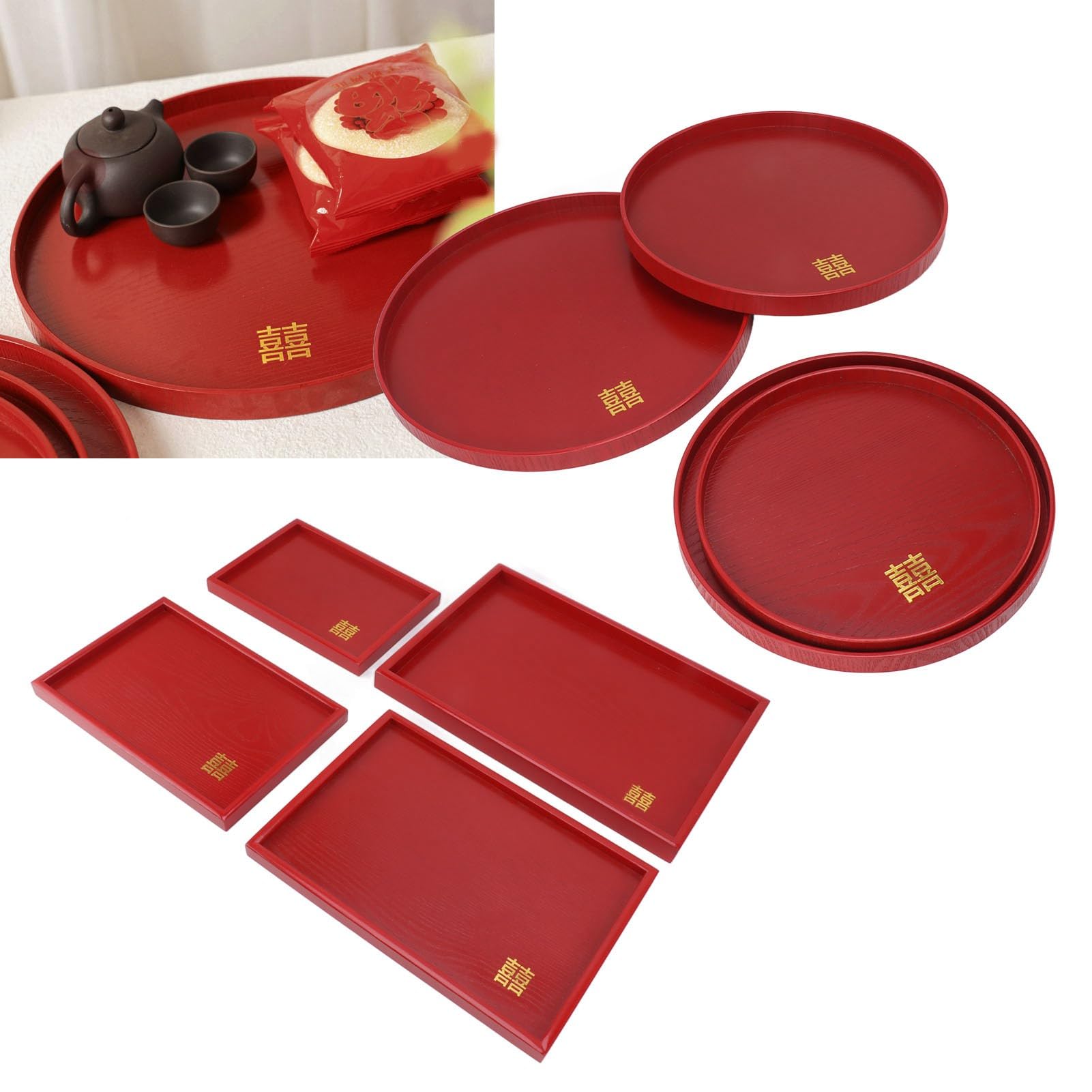 4 Piezas Bandeja China para Servir Bodas Plato Rojo Boda Té Café Plato para Aperitivos Plato de Postre de Madera Platos de Dulces para Despedida de Soltera Decoración de Fiesta de Boda(Redondo)