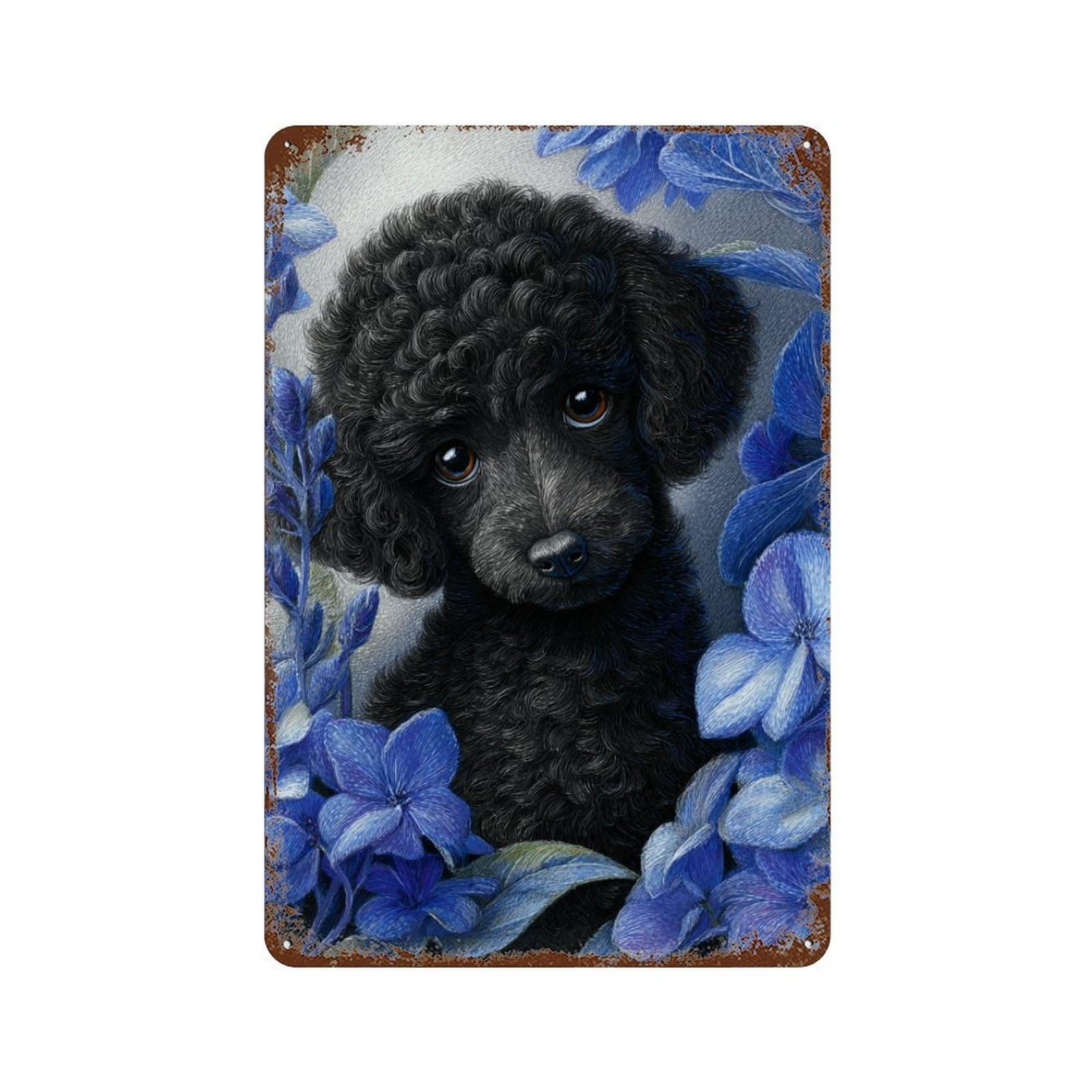 Decorative Tin Sign Black Poodle with Blue Flowers 11.8"x7.9", Decorative Metal Wall Art for Garage, Bar And Workshop Decor