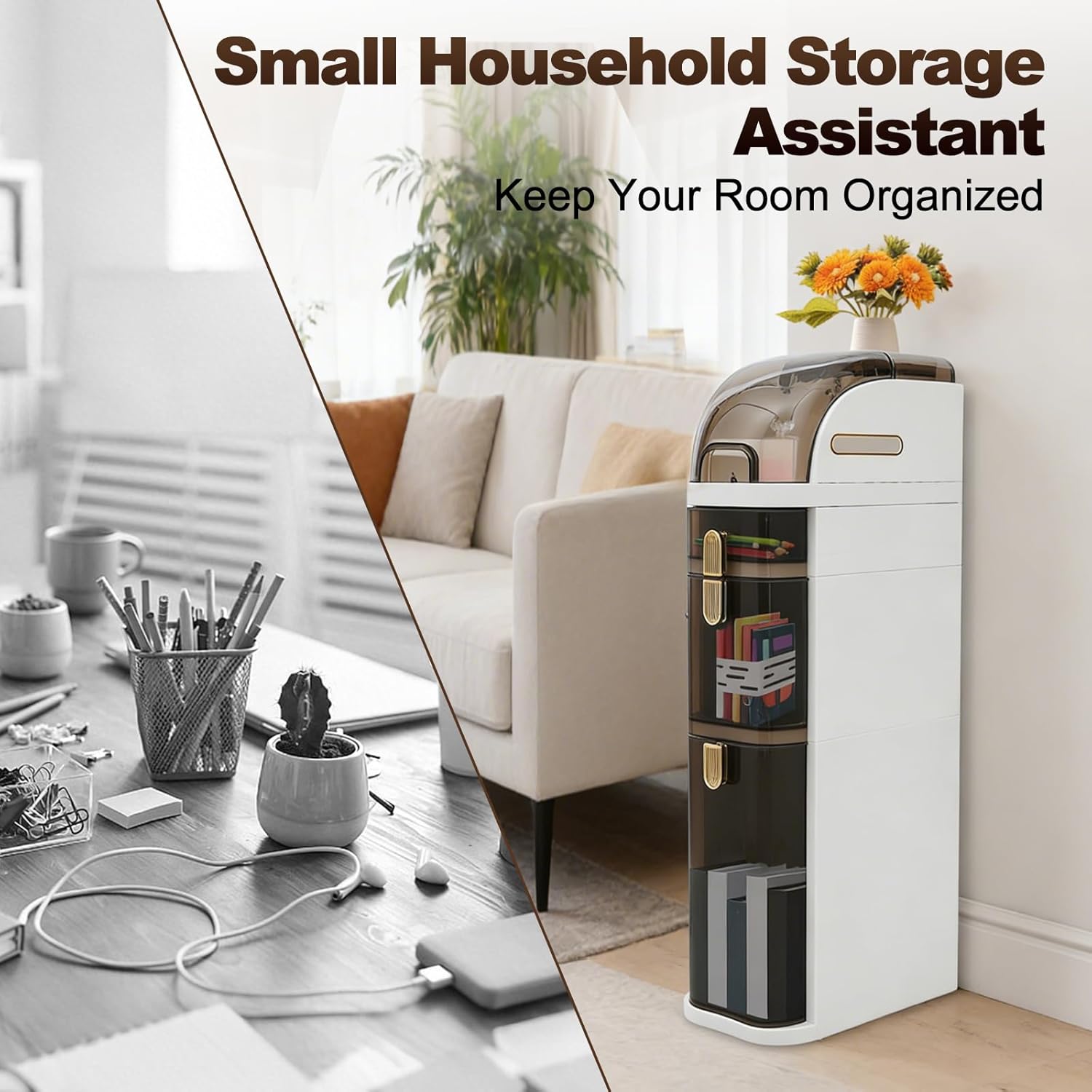3 Drawers Bathroom Floor Organizer Cabinet,Free Standing Cabinet w/4 Removable Wheels,Narrow Slim Storage Rack for Small Spaces,Bathroom,Kitchen,Laundry
