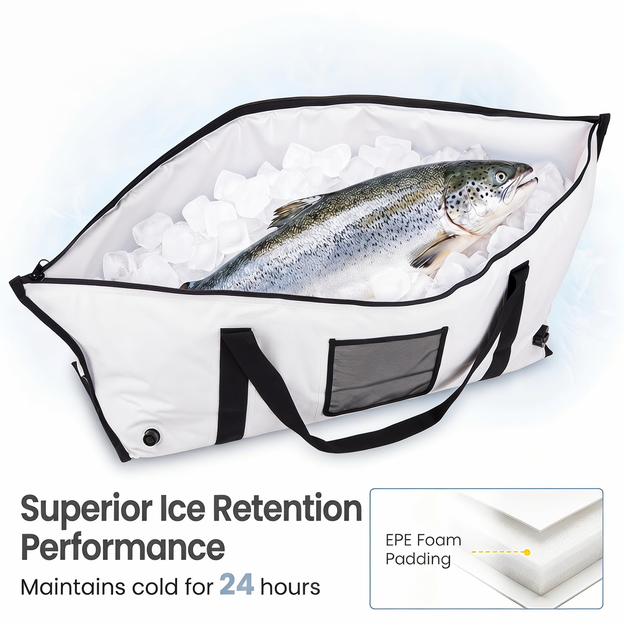 LIFEZEAL Isolierte Fisch-Kühltasche, Tragbare Fischtötungstasche, Angeltasche mit Ablaufstopfen, hält EIS kalt über 24 Stunden, Tragetasche für Fischen, Camping & Picknick (Weiß, 122 x 46 x 51 cm)