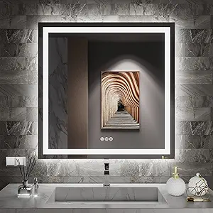 Amorho LED Bathroom Mirror 38'' X38'' with Front and Backlit, Stepless Dimmable Wall Mirrors with Anti-Fog, Shatter-Proof, Memory, 3 Colors, Double LED Vanity Mirror