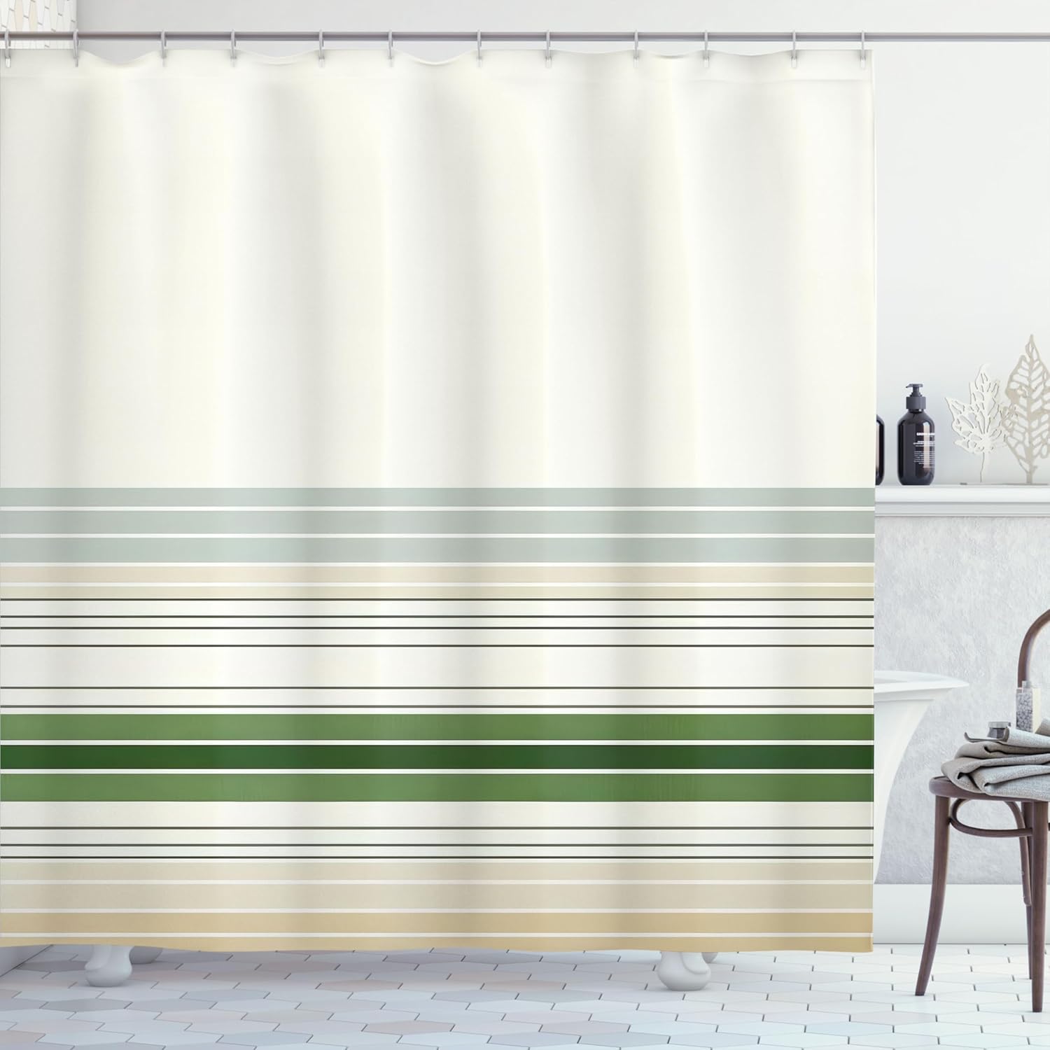 Ambesonne Boho Shower Curtain, Abstract Bohemian Aura Designed Modern Minimalist Stripes on Creamy Backdrop, Cloth Fabric Bathroom Decor Set with Hooks, 69" W x 70" L, Eggshell Olive Green