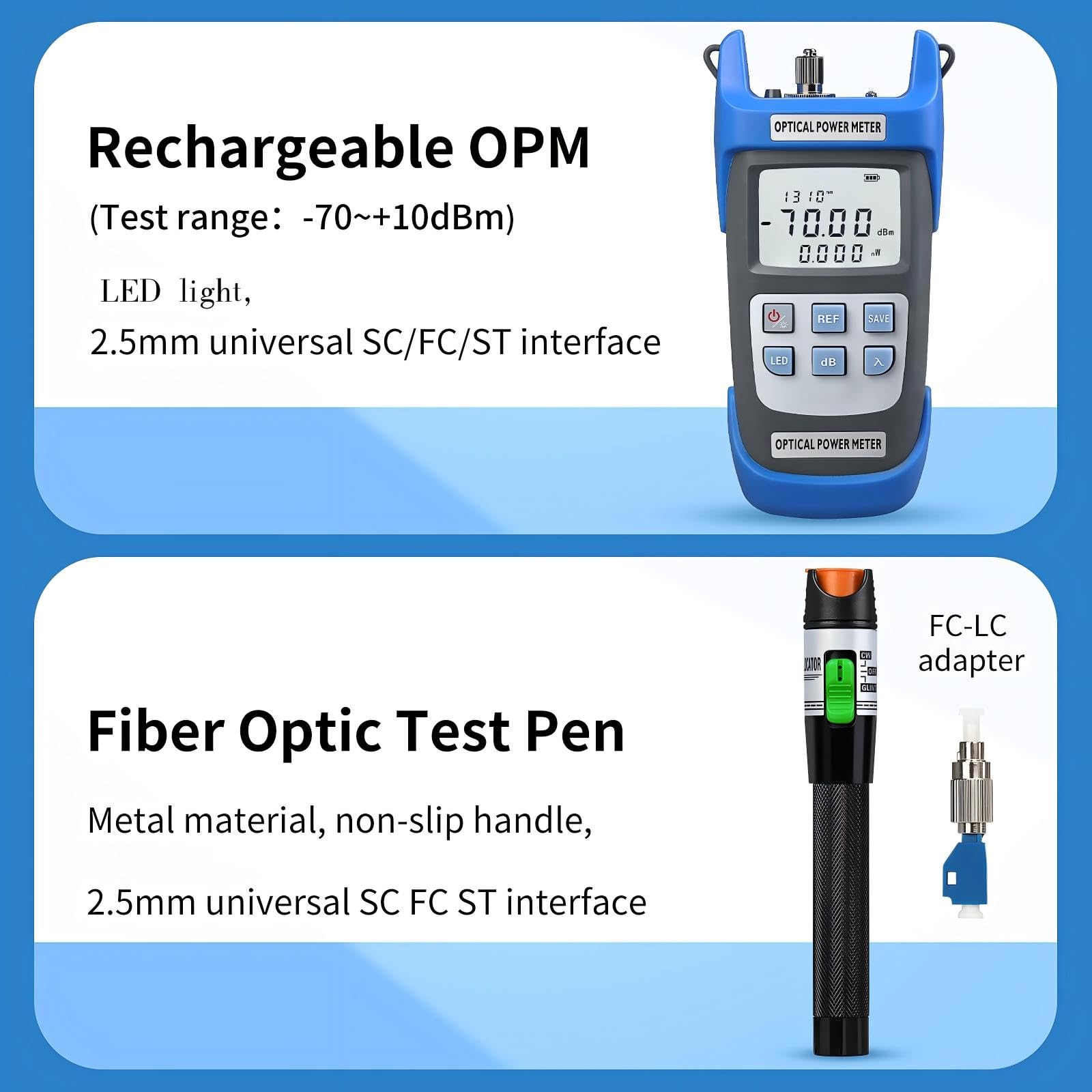 FTTH - Kit de terminales de fibra para soldadura en frío y caliente S-08 con carga azul A-C710A medidor de potencia óptica -70~+10dbm equipado con kit de herramientas de fibra óptica recargable