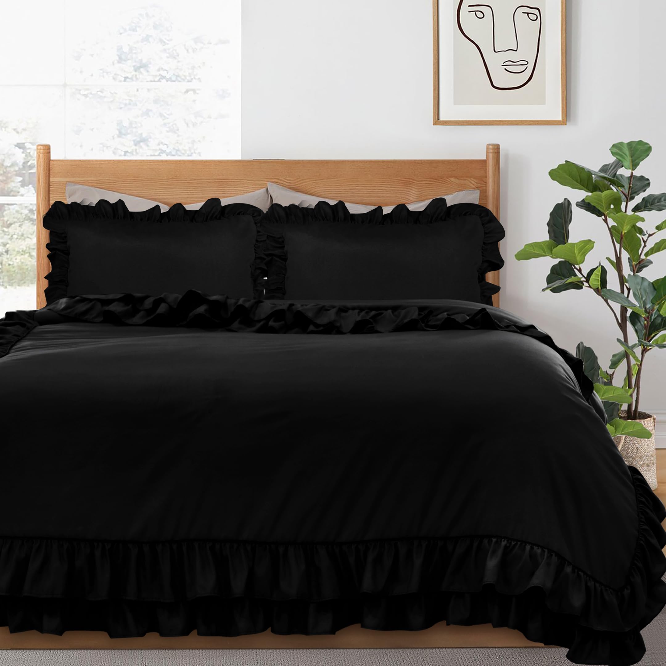 QATAN 3 Pieces Ruffle Bedding Set with 2 Pillowcase Frills Duvet Cover with Button Closure Soft Microfiber Duvet Cover Set (Black, King) — image 1