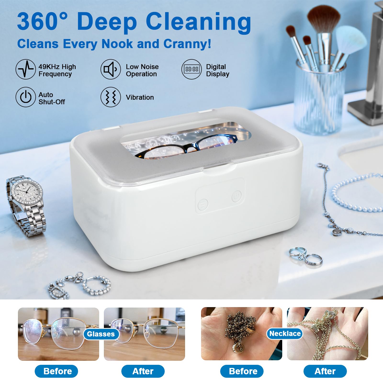 Limpiador Ultrasónico de 800ml 49KHz – Limpieza Eficaz y Silenciosa 360° para Dentaduras, Retenedores, Alineadores y Artículos del Hogar como Gafas, Joyas y Relojes