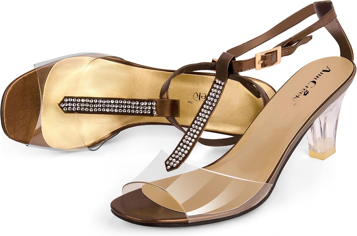 ANN CREEK Clear Heels for Women Chunky Heel Clear Brown Heeled Sandals Clear Shoes for Women Low Heel Rhinestone Heel Sandals Peep Toe Womens Clear Heels T Strap Transparent Heel Bronze - 9 - Image 6