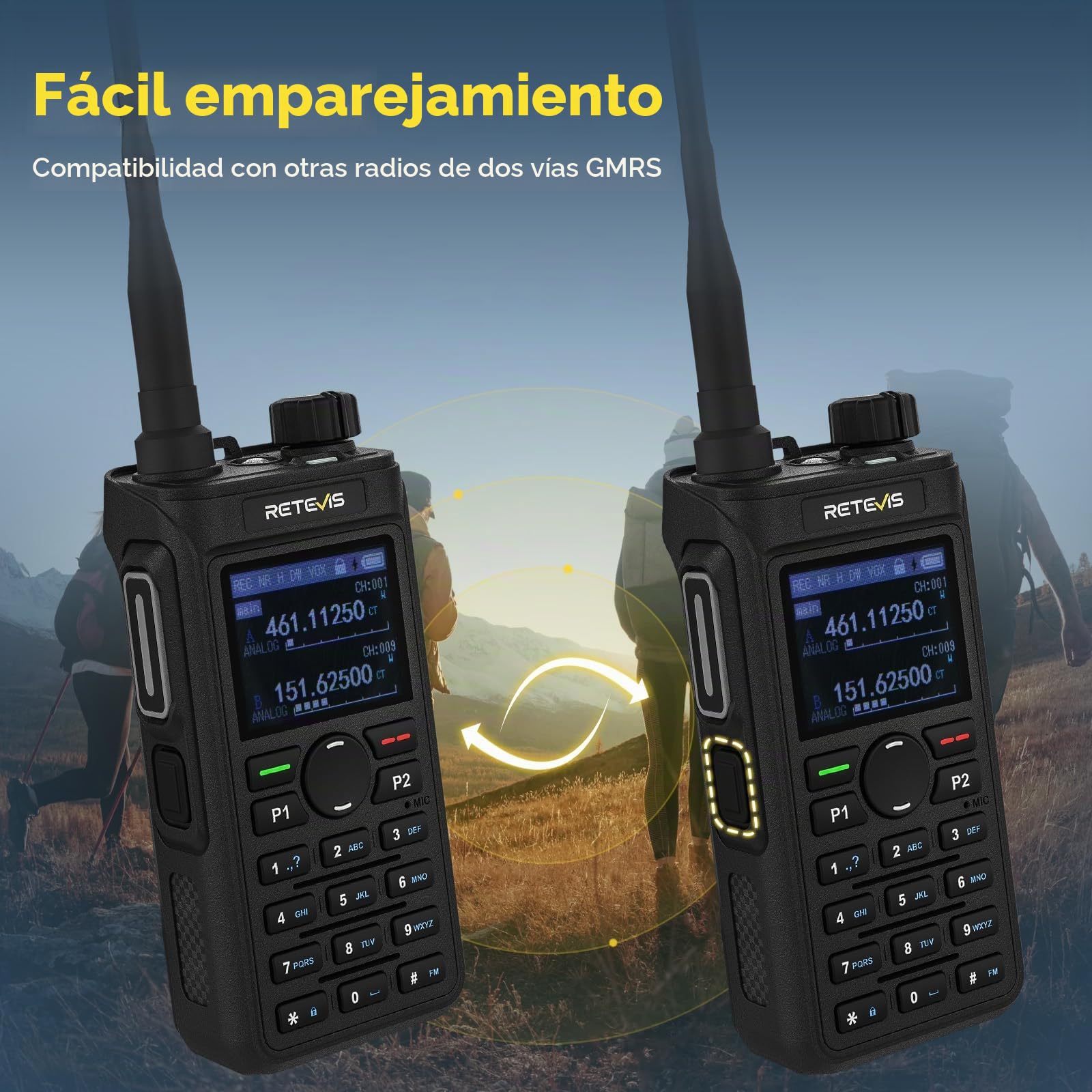 Retevis C62 Walkie Talkie de Mano, Ham Radio Recargable para Adultos, Radio Bidireccional de Alta Potencia y Largo Alcance, Linterna, 2000 mAh, para Senderismo, Caza y Acampada (Paquete de 2 en)