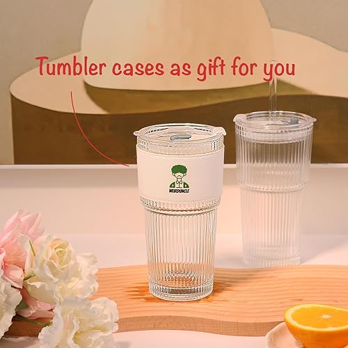 Miniatura 7 de Juego de 2 vasos de vidrio acanalado con tapas y pajitas, tazas de vidrio transparente vintage de 20 onzas, gran capacidad, irrompible, diseño