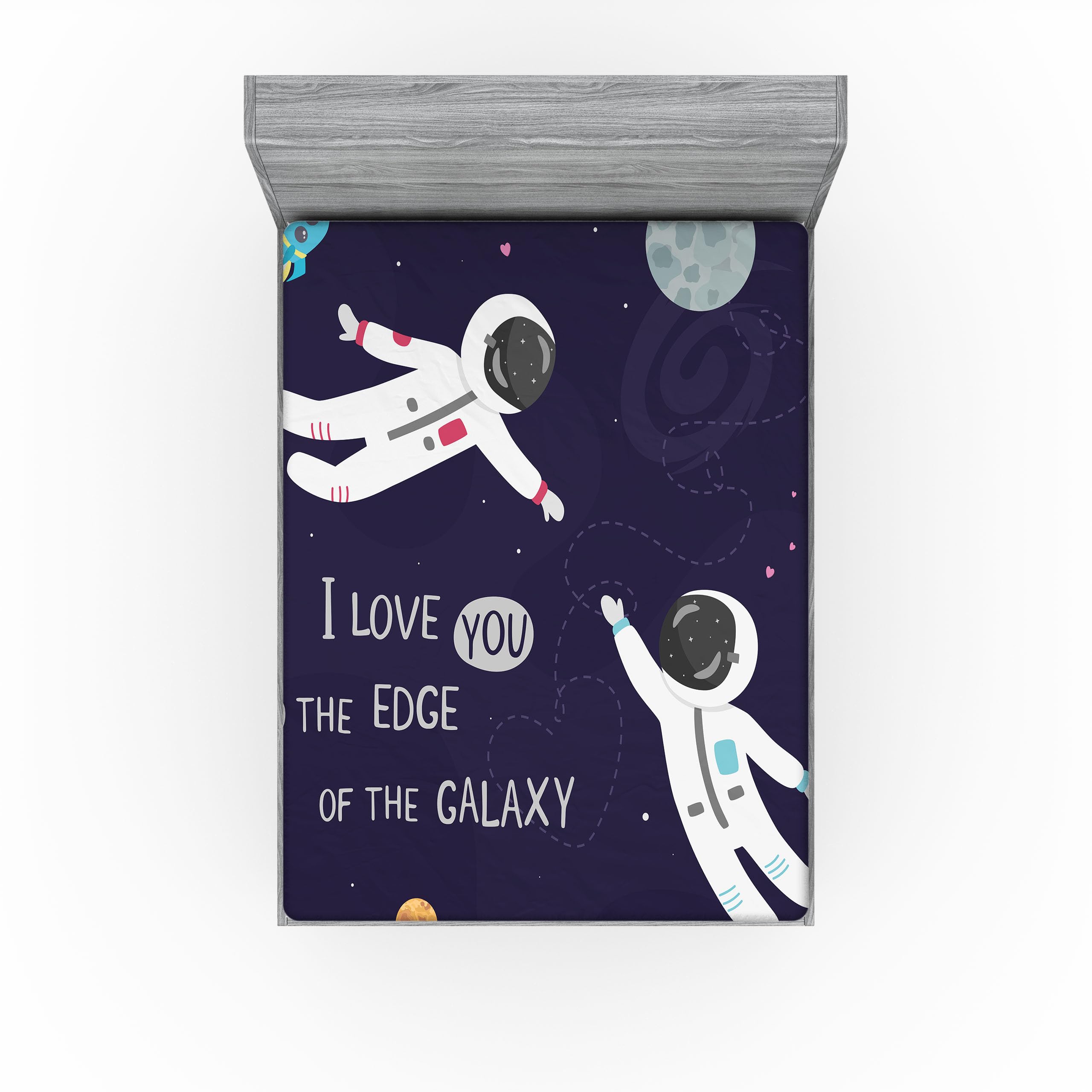 Ambesonne Universe 2 Pack Fitted Sheet, Love Wording Astronauts, Bed Cover All-Round Elastic Deep Pockets 2 Pieces, Package Contains 2 Full Size Fitted Sheets, Dark Purple Multicolor