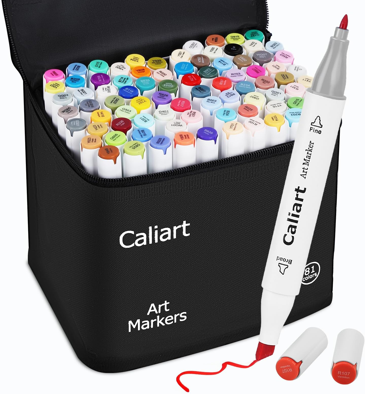 Caliart Alcohol Based Markers, 81 Colors Art Drawing Markers Set Dual Tip Fine & Chisel Permanent Colored Sketch Pens, with Case for Artists Adults Coloring Book Illustration