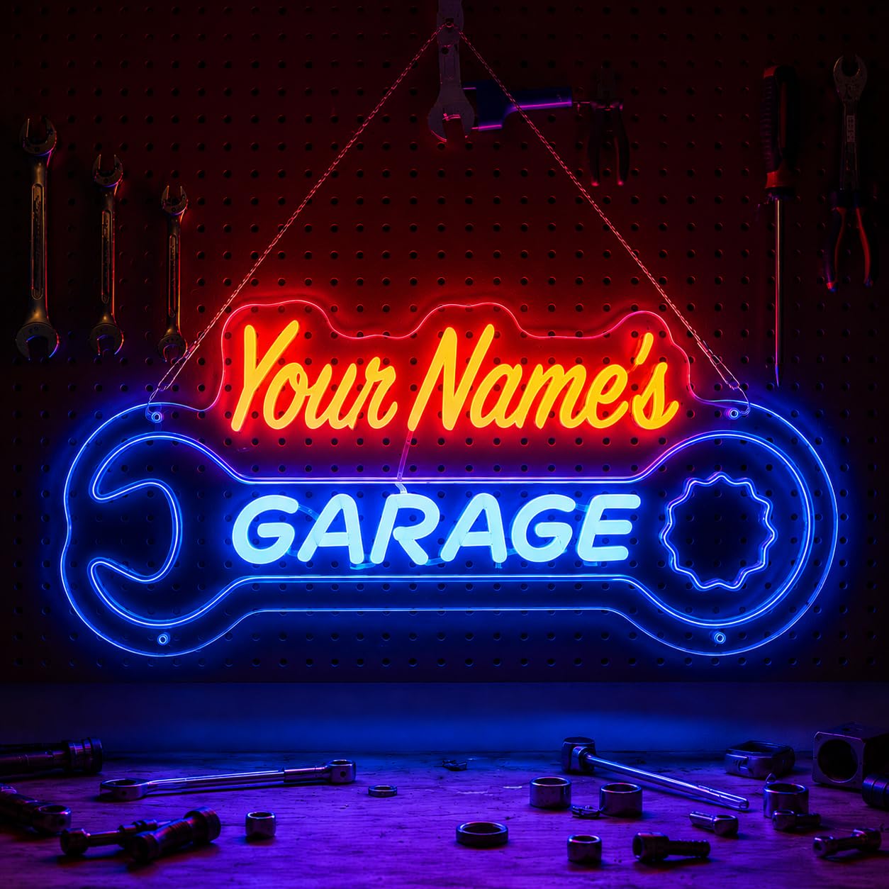 Cartello al neon personalizzato per garage, cartello luminoso a LED personalizzato con forma di chiave, decorazione da parete per meccanici di auto retrò, cartello luminoso per grotta o officina