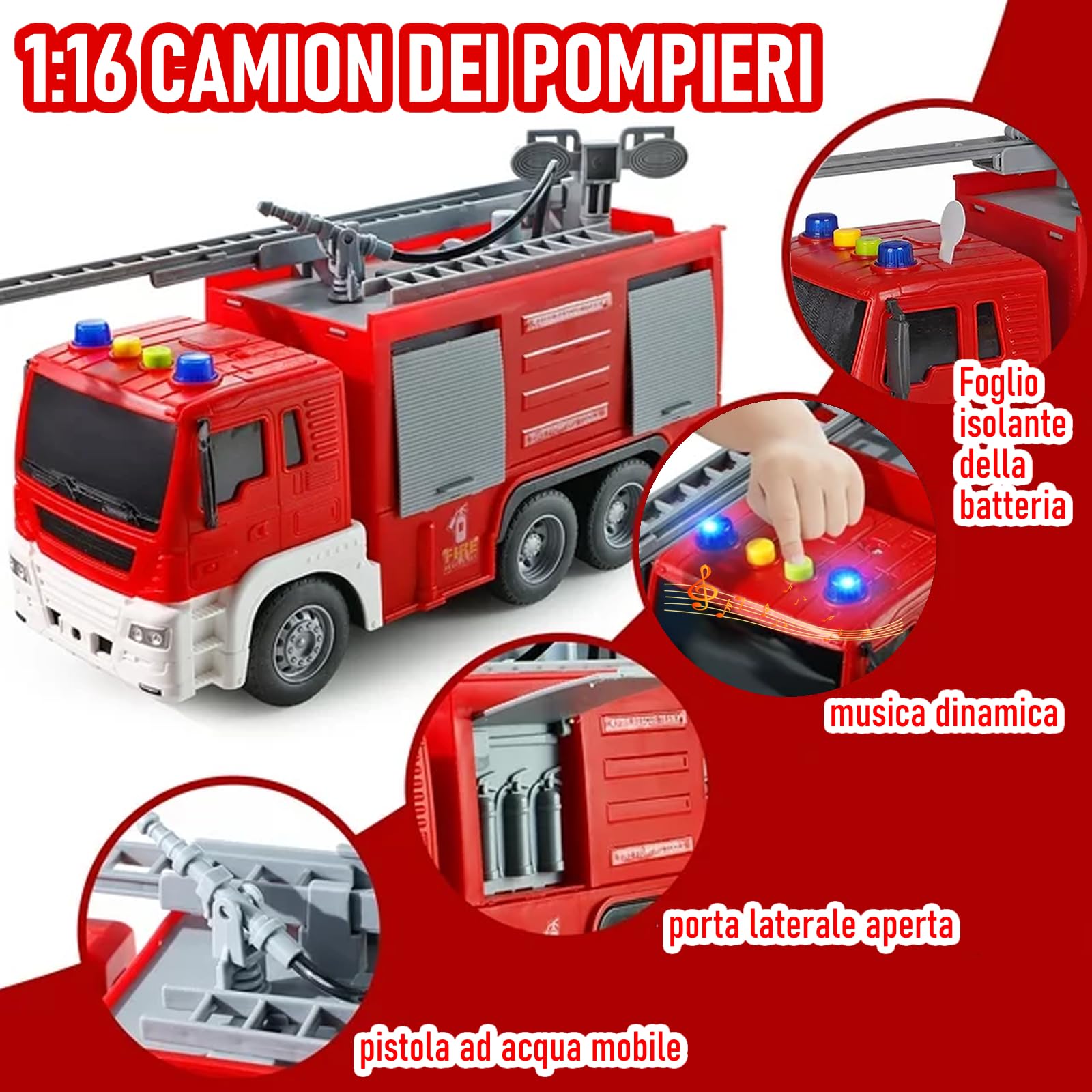 Scala 1:16 Camion Pompieri Giocattolo per Bambini, Autopompa Antincendio a Inerzia Luci & Suoni,con pompa spruzzatrice d'acqua, scala estensibile, Rosso (scala a pioli)