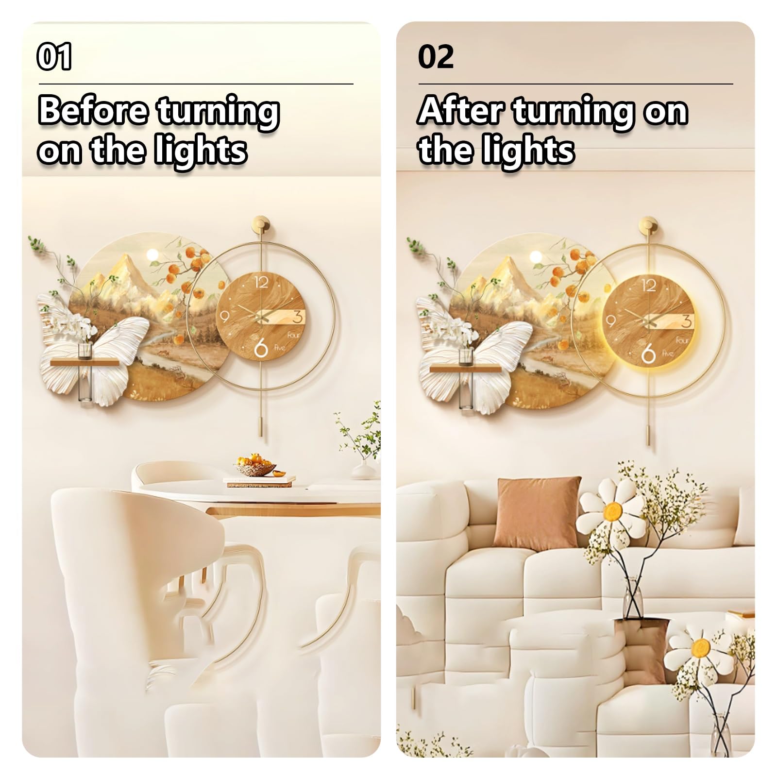Zegar ścienny 3D z oświetleniem LED, nowoczesny, cichy, nietykający zegar do salonu, przedpokoju, jadalni, pływającej półki, mural 70 cm