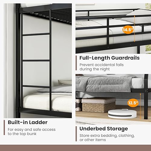 Miniatura 7 de KOMFOTT Litera de metal tamaño individual sobre matrimonial marco de cama de metal resistente con riel de seguridad y escalera marco de cama que