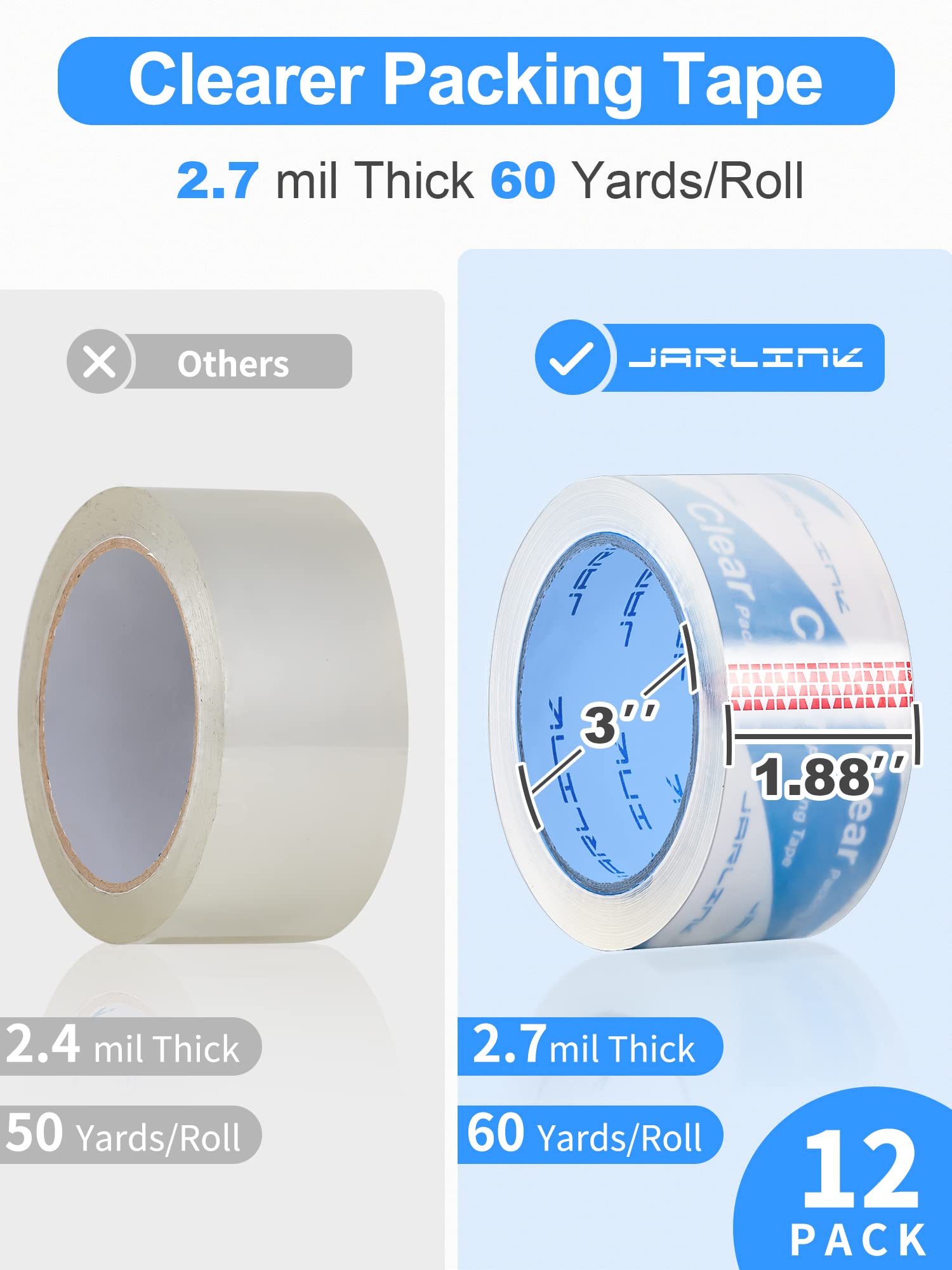 Jarlink, nastro adesivo trasparente (12 rotoli), resistente per imballaggi di spedizione, sigillatura in movimento, 2,7 mm di spessore, 4,8 cm di larghezza, 60 metri per rotolo, 720 metri totali, più