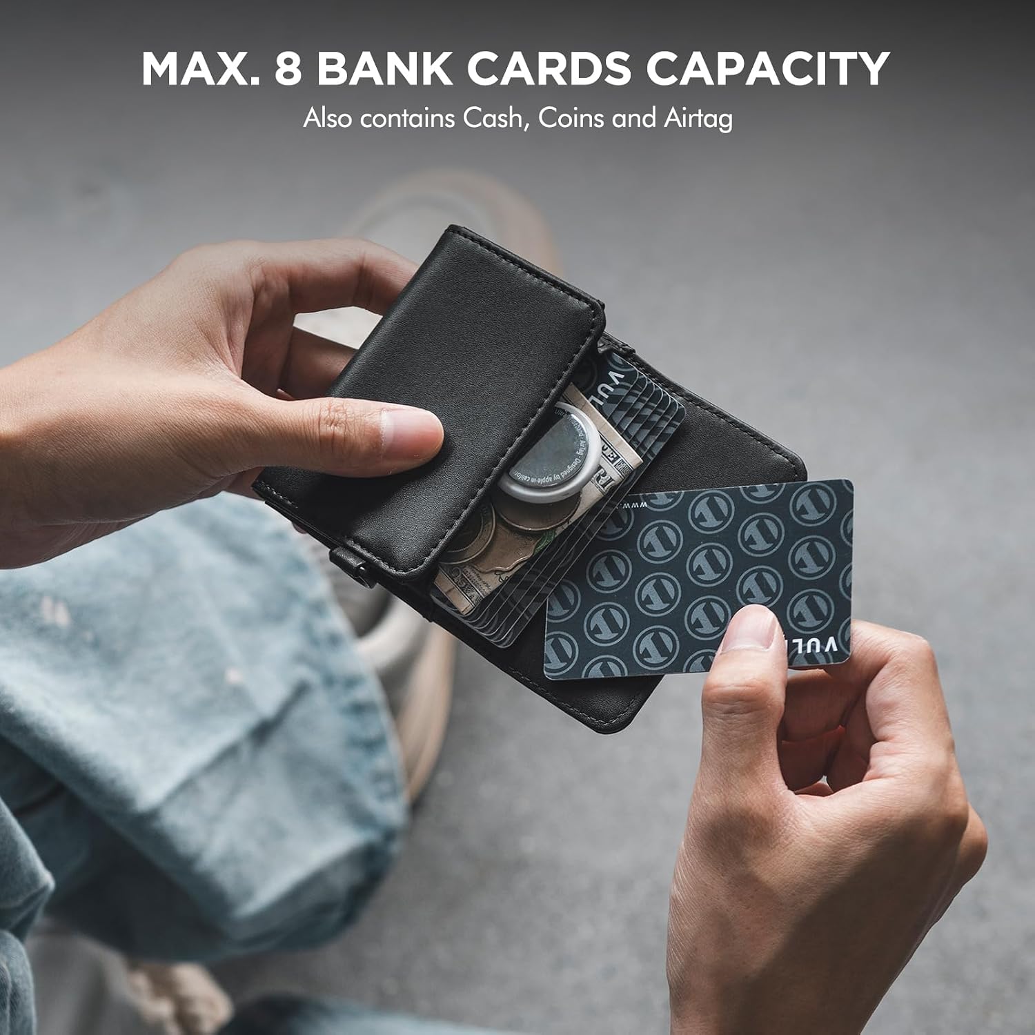 VULKIT Magnetic Card Case for Max. 8 Bank Cards, Leather Phone Card Wallet Compatible with iPhone 12-17 Series, Black