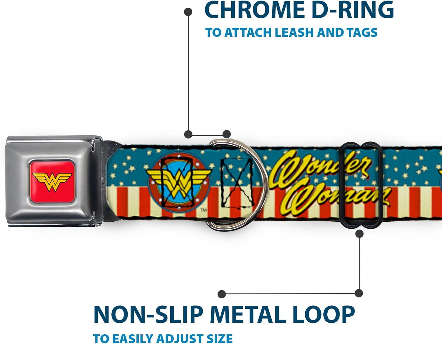 Buckle-Down Dog Collar Seatbelt Buckle Wonder Woman Logo Americana Red White Blue Yellow 16 to 23 Inches 1.5 Inch Wide (DC-WWW022-WM)