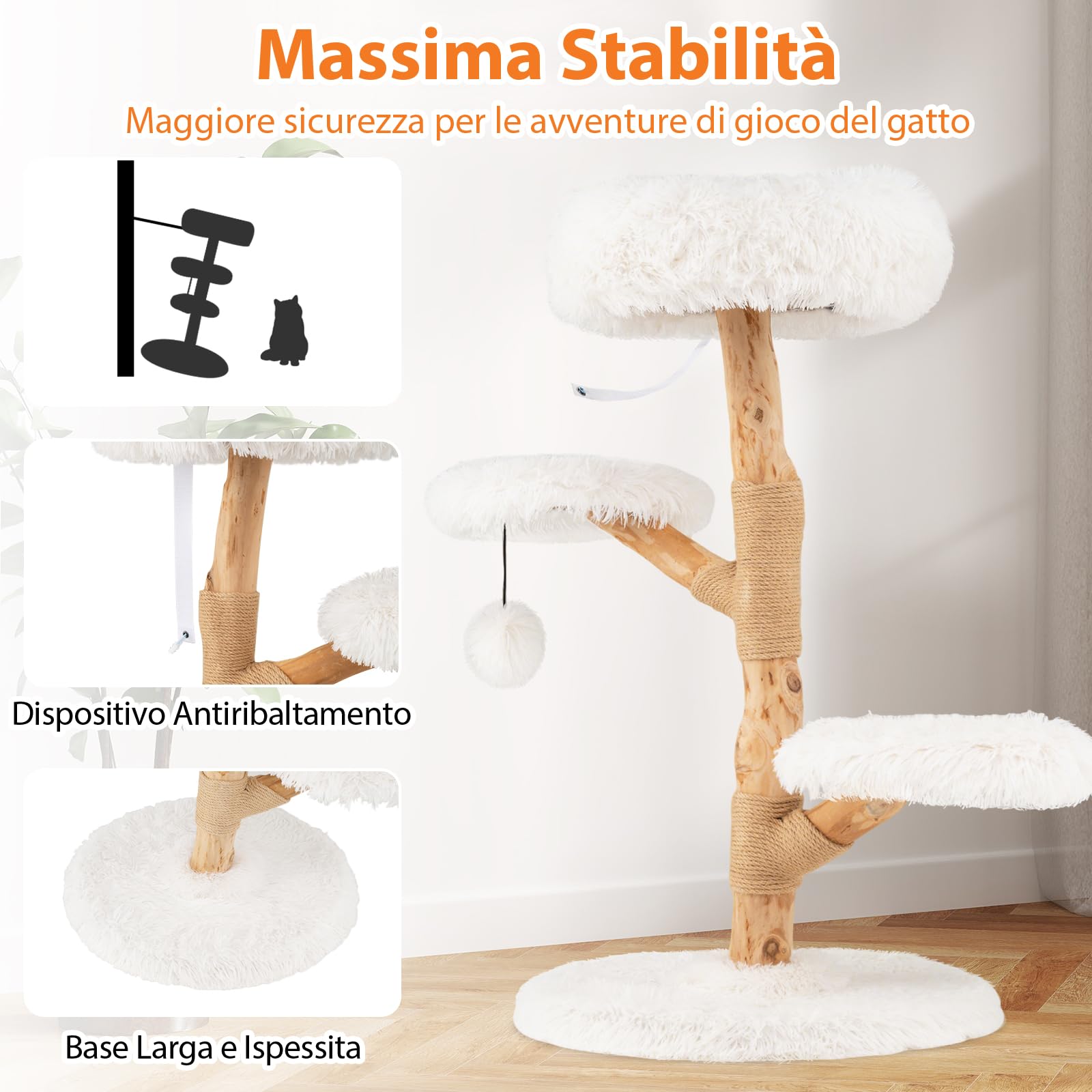 COSTWAY Albero per Gatti 90 cm, Torre per Gatti in Legno con Piattaforma in Tessuto in Pile Lungo, Tiragraffi in Juta e Pallina Pendente, Cuccia per Animali Domestici (Bianco)