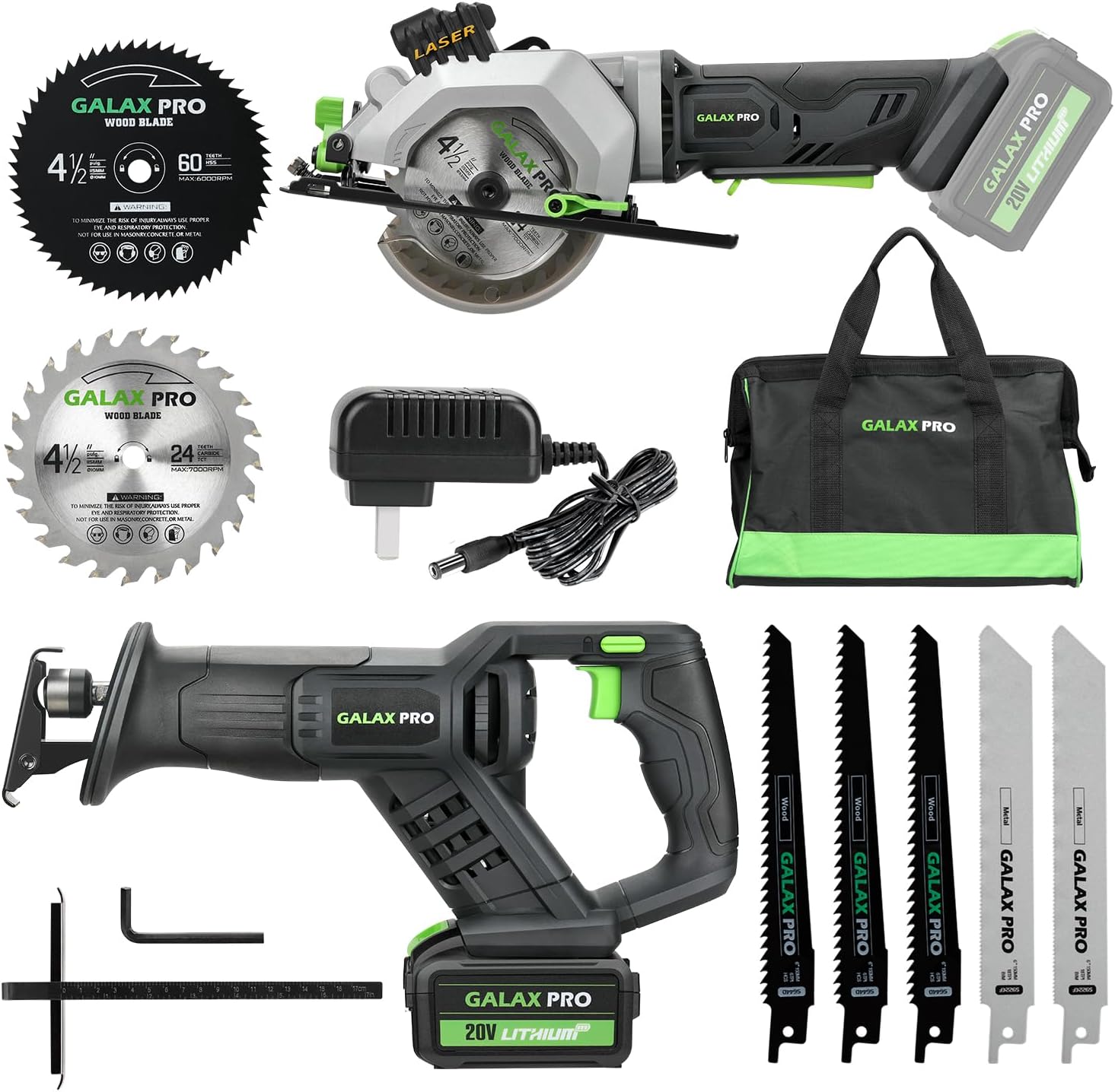 GALAXPRO Cordless Circular & Reciprocating Saw Combo Kit - 4.0Ah Battery, 3400 RPM, 7 Blades, Tool Bag Included