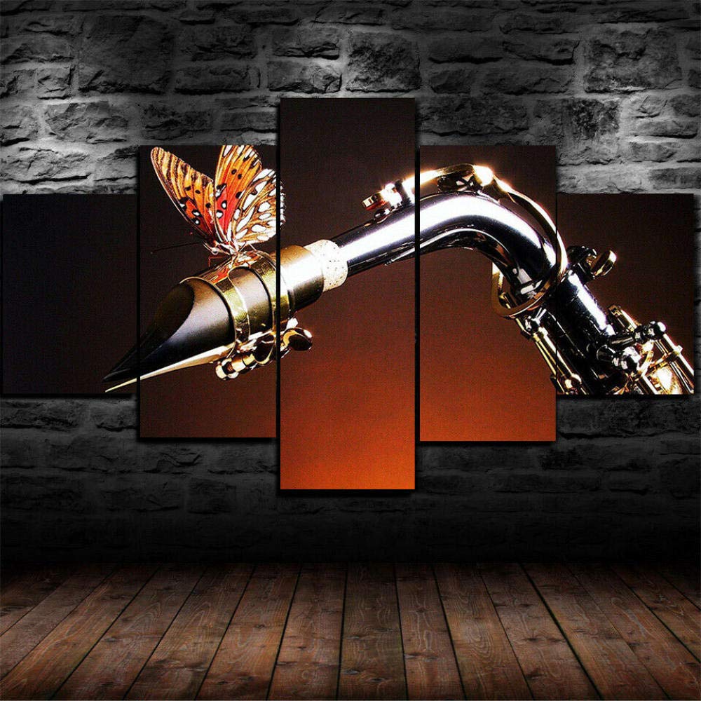 Tableau Papillon sur Saxophone XXL 5 Pièces Impression sur Toile pour Décoration de Salon Moderne