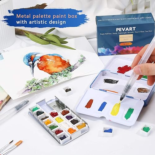 Miniatura 7 de PEVART Paleta de lata de acuarela, estuche de pintura vacía de metal con 50 piezas de medias bandejas vacías y un bolígrafo de color de agua,