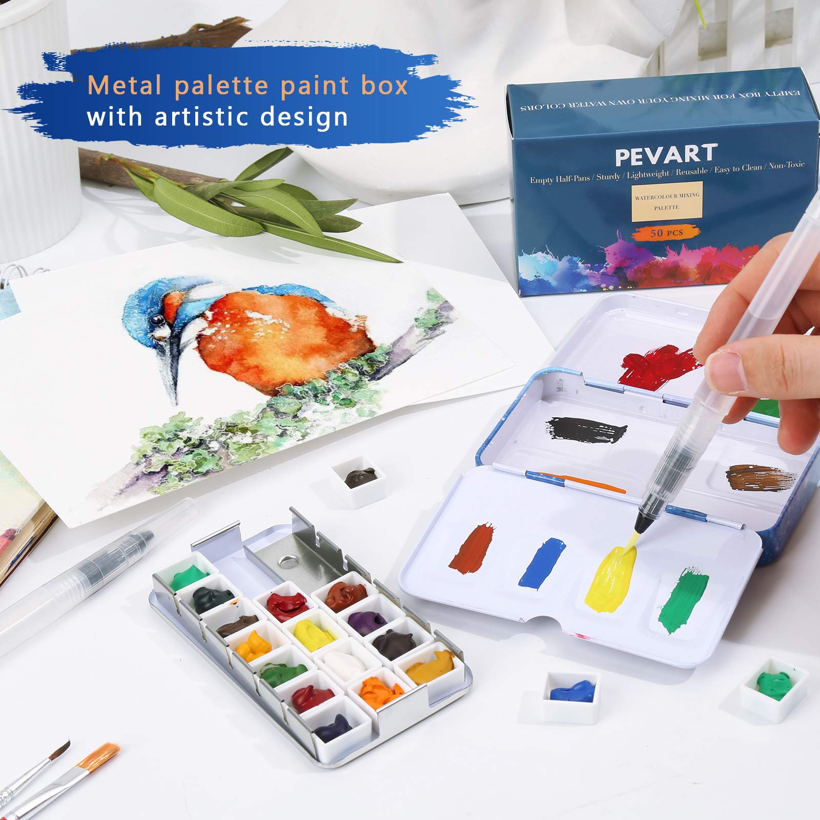 Palette d'aquarelle vide en métal avec 50 demi-godets vides pour kit de palette de peinture à faire soi-même, palette de voyage et peinture à l'air libre