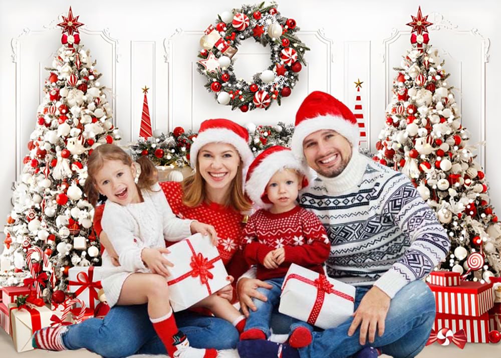 3x2.4m Toile de Fond Noël Photo de Noël Cheminée Blanc Rouge Arbre de Noël Fond Photographique Famille Enfants Hiver Vacances Noël Nouvel an Décorations Fête Bannière Photo Booth Props