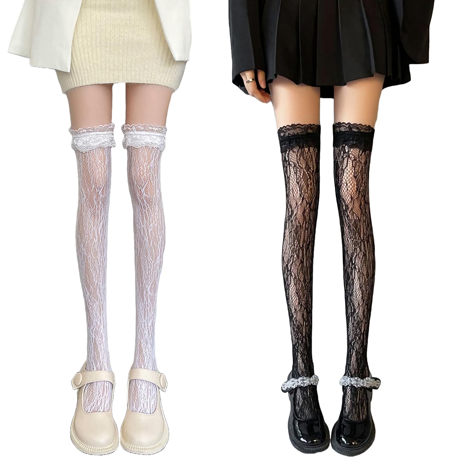 クロスアーチレースリボンオーバーニー黒×白 Amazon.co.jp: [Rowaica] レディース ニーハイ ソックス 靴下 ニーソ