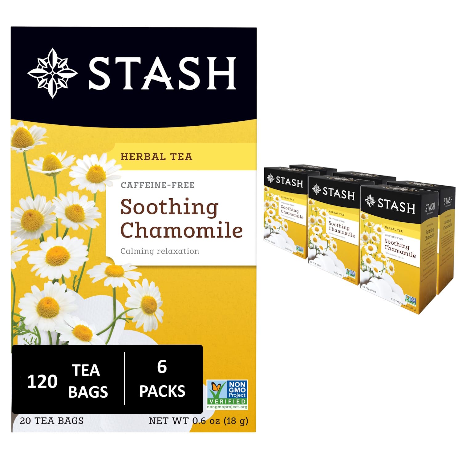 Stash Tea Chamomile Herbal Tea - Naturally Caffeine Free, Non-GMO Project Verified Premium Tea with No Artificial Ingredients, 20 Count (Pack of 6) - 120 Bags Total