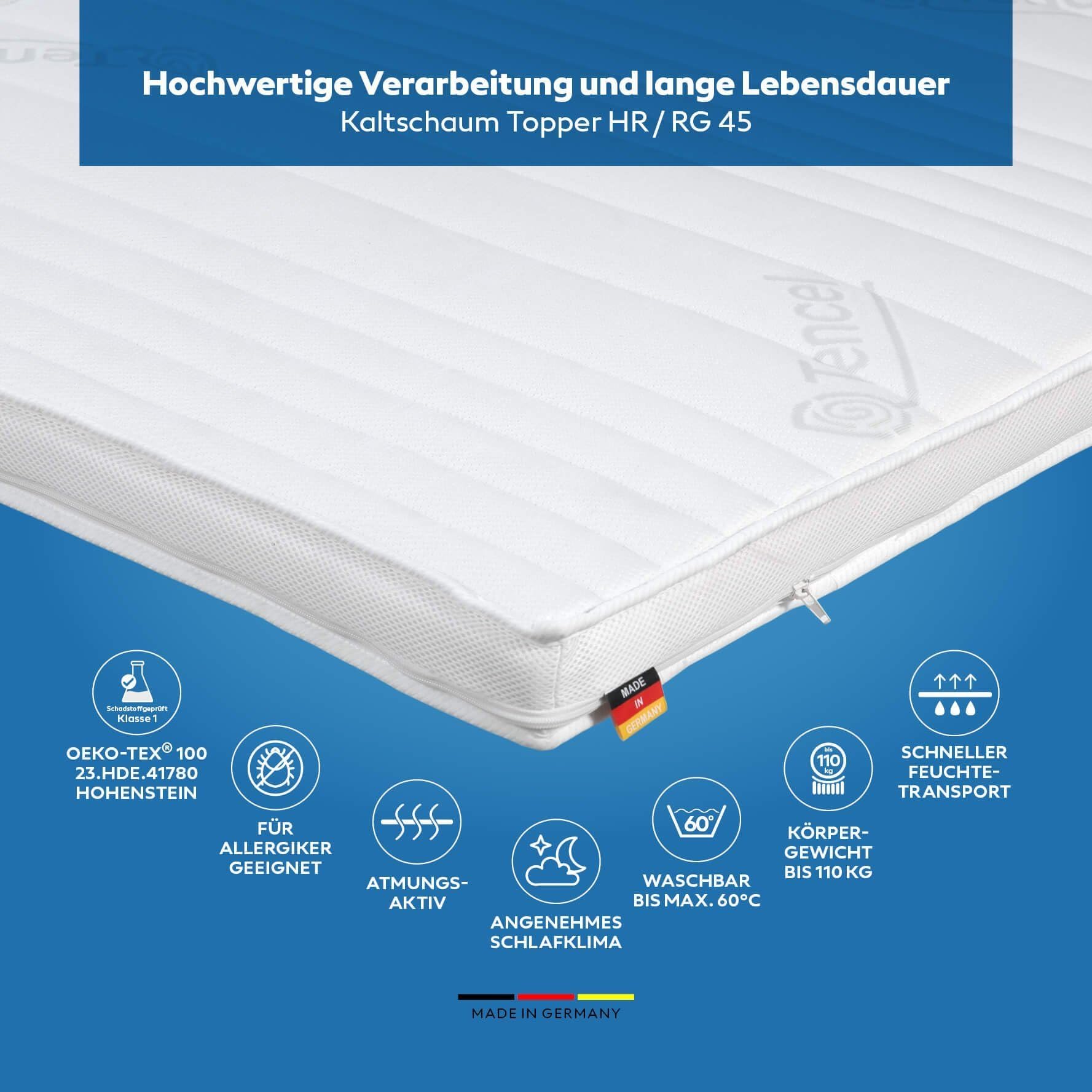 Topper de espuma fría, Cubre Colchon, Forro de Colchon 70 x 170 cm (ancho x largo), Tencel 3D, mediana, altura 7 cm, OEKOTEX, RG 45 kg/m³, fabricado en Alemania