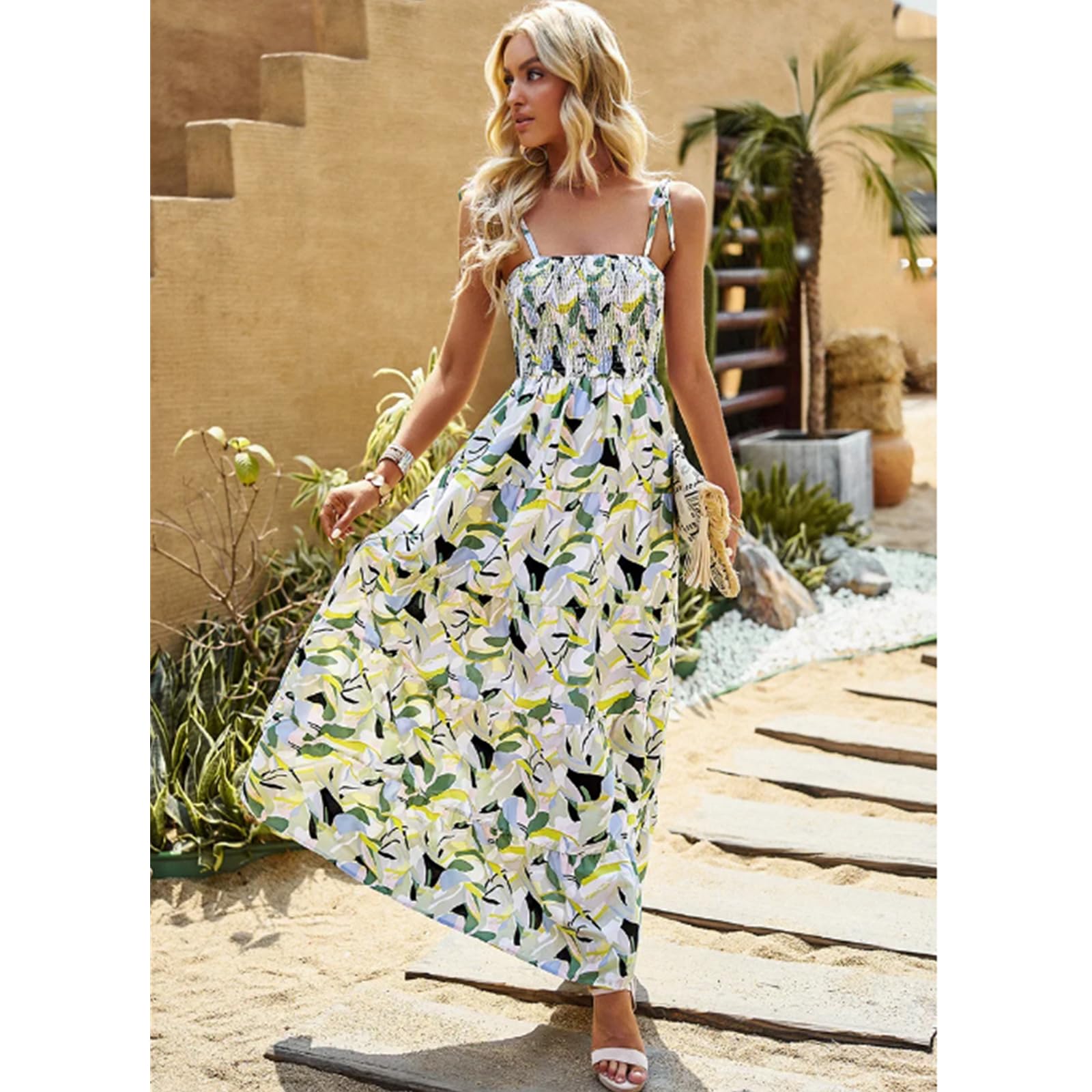 Vestidos de Tirantes de Cuello V Estampados en Verano Flores Vestidos Largos de Cintura sin Mangas Mujeres Delicados Y Elegantes Al Estilo Bohemio, HUTALIM, Blanco, m