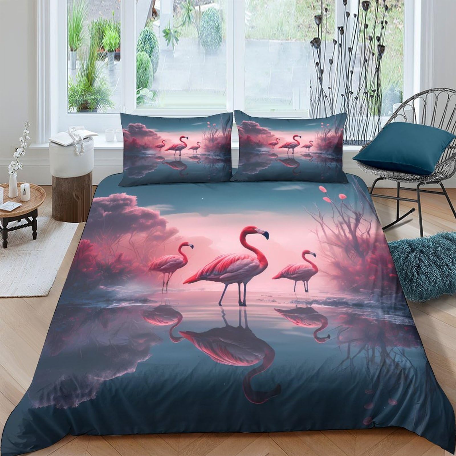 Ctjqhvkz Style-3 3D Printed Flamingo Sunset Fitted Sheet Microfiber Soft Breathable Lake Reflection Mattress Cover For Bedroom Decor Single（135X200cm）