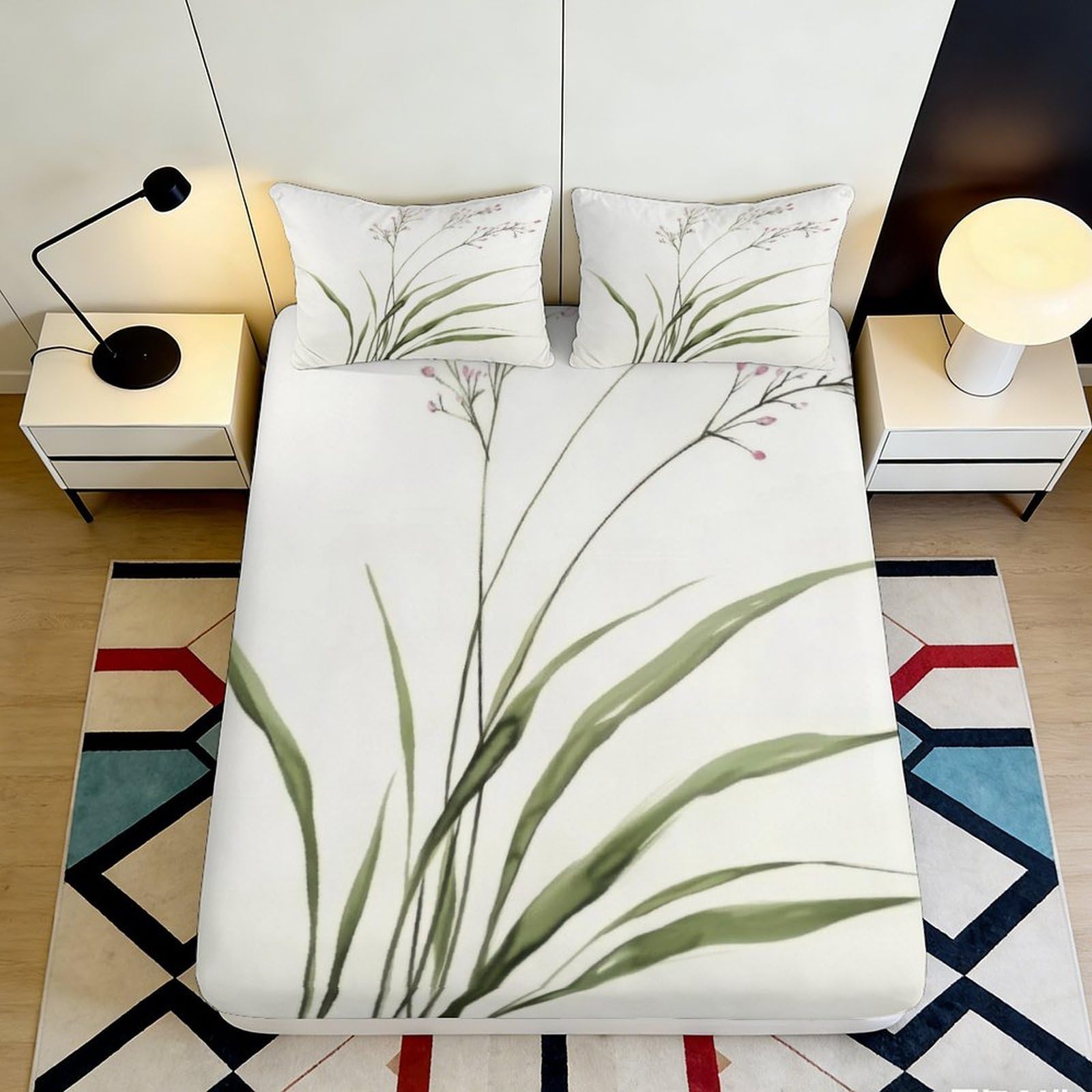 3D Printed Botanical Fitted Sheet Microfiber Deep Pocket Bedroom Bedding Botanical Mattress Fitted Cover Washable for Home 140x200x25cm