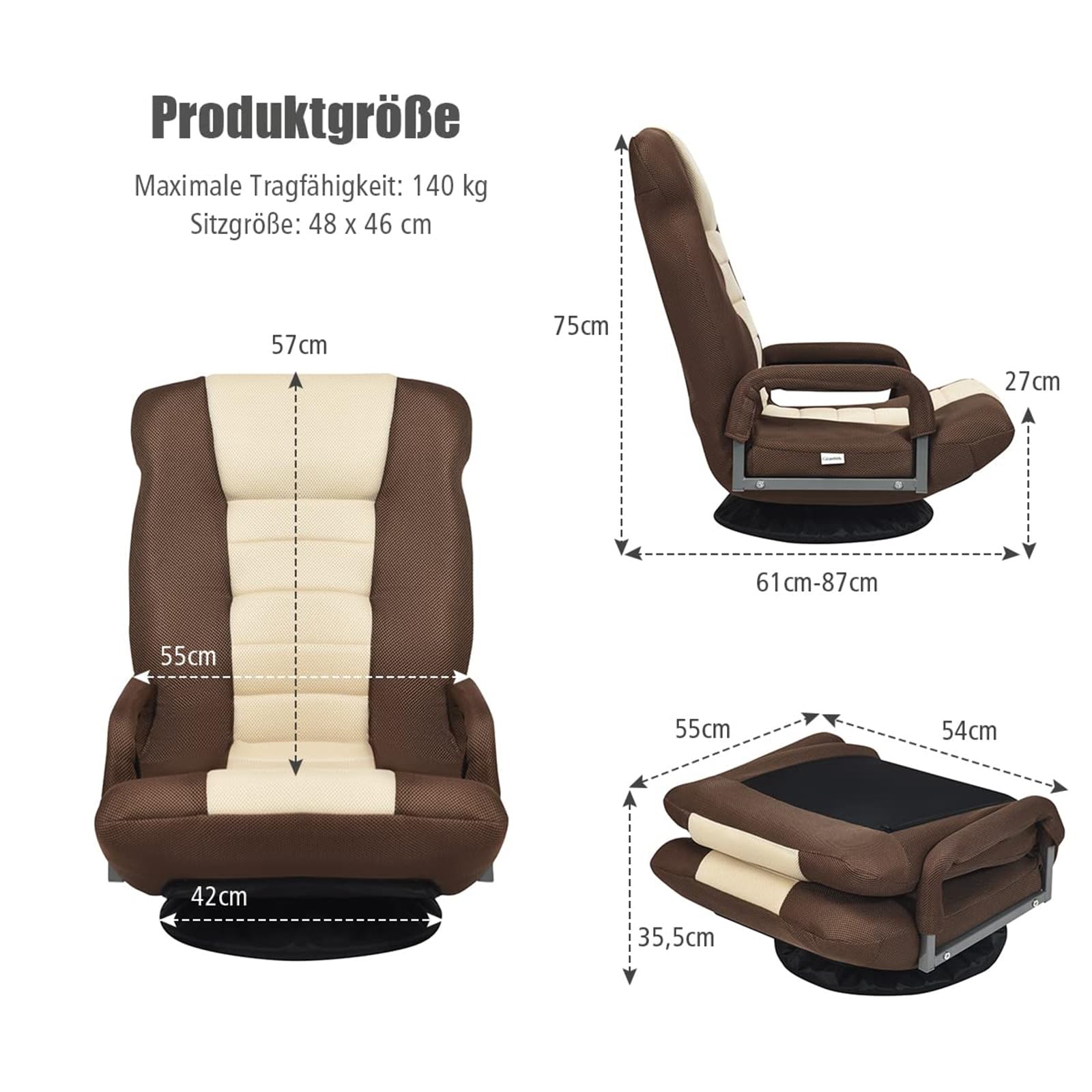 COSTWAY Bodenstuhl 360° drehbar, Bodensessel mit 6-Fach Verstellbarer Rückenlehne, Game Sessel gepolstert, Bodensofa Meditationsstuhl bis 140kg belastbar, Lazy Sofa (Braun)